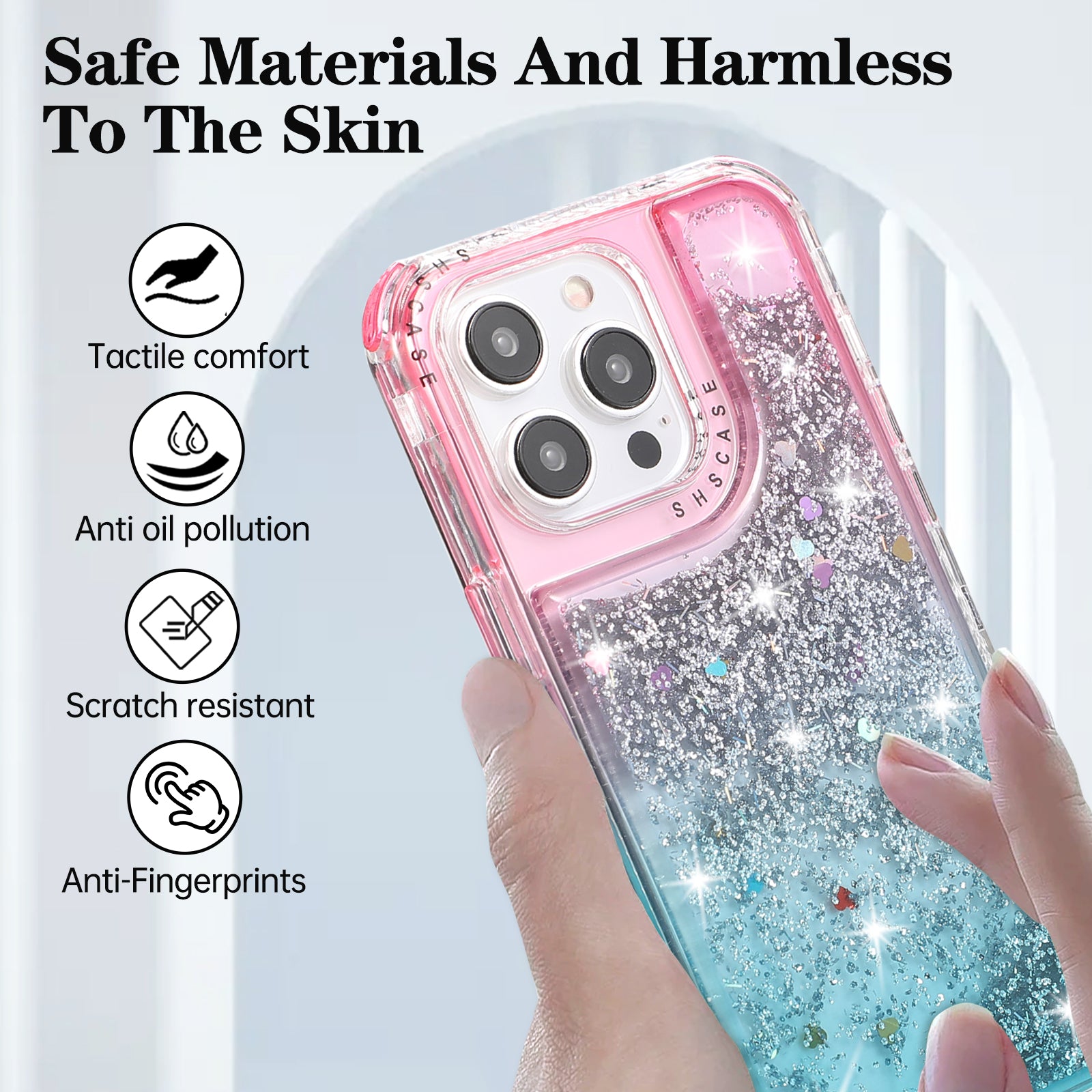 For iPhone 15 Pro Max Case Quicksand Liquid Floating Anti Slip TPU+PC Smart Phone Cover - Pink+Light Blue