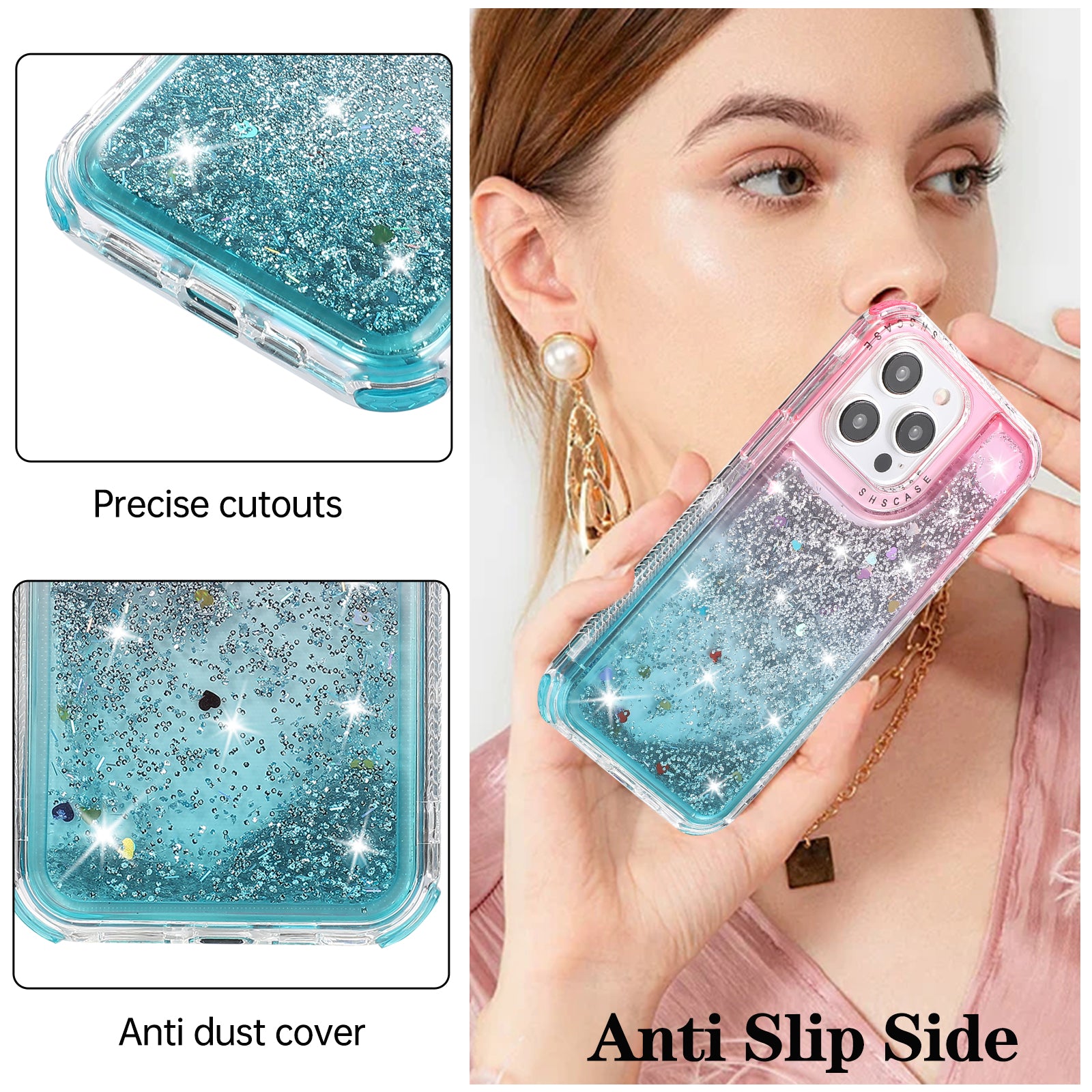 For iPhone 15 Pro Max Case Quicksand Liquid Floating Anti Slip TPU+PC Smart Phone Cover - Pink+Light Blue