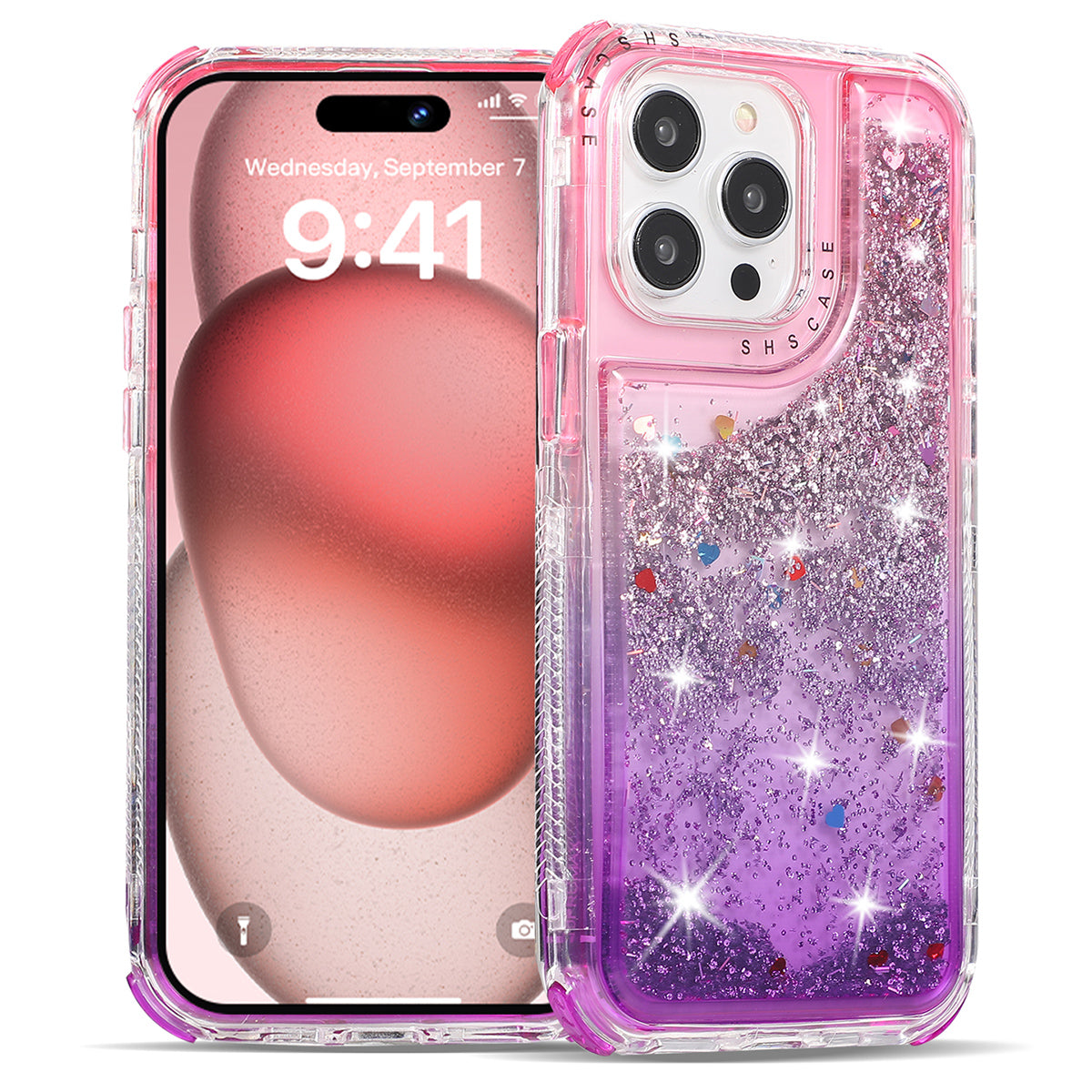 For iPhone 15 Pro Max Case Quicksand Liquid Floating Anti Slip TPU+PC Smart Phone Cover - Pink+Light Blue