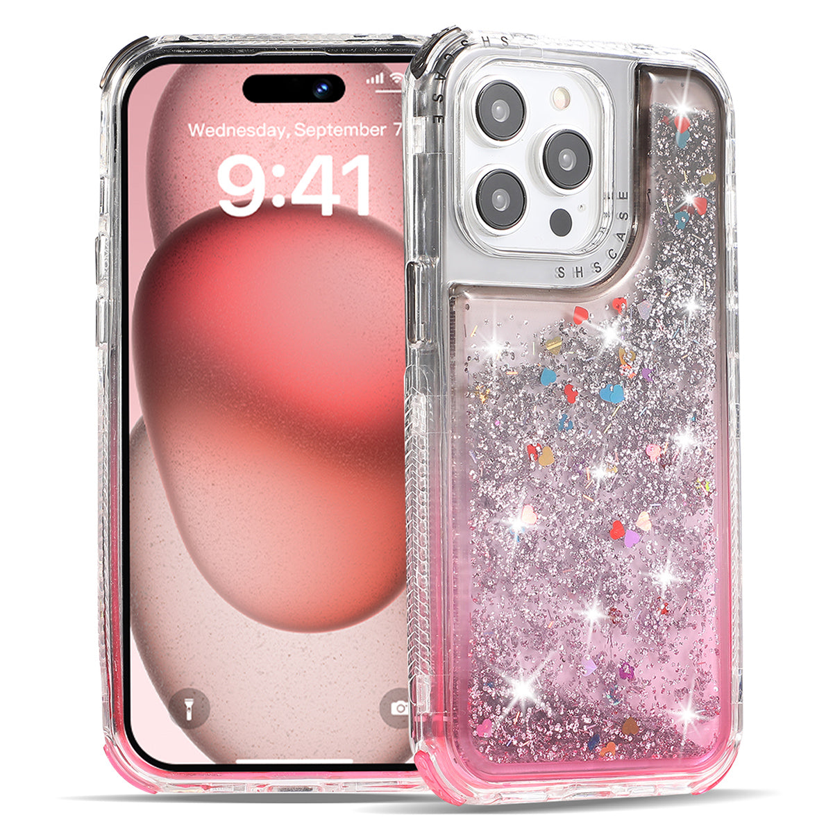 For iPhone 15 Pro Max Case Quicksand Liquid Floating Anti Slip TPU+PC Smart Phone Cover - Pink+Light Blue