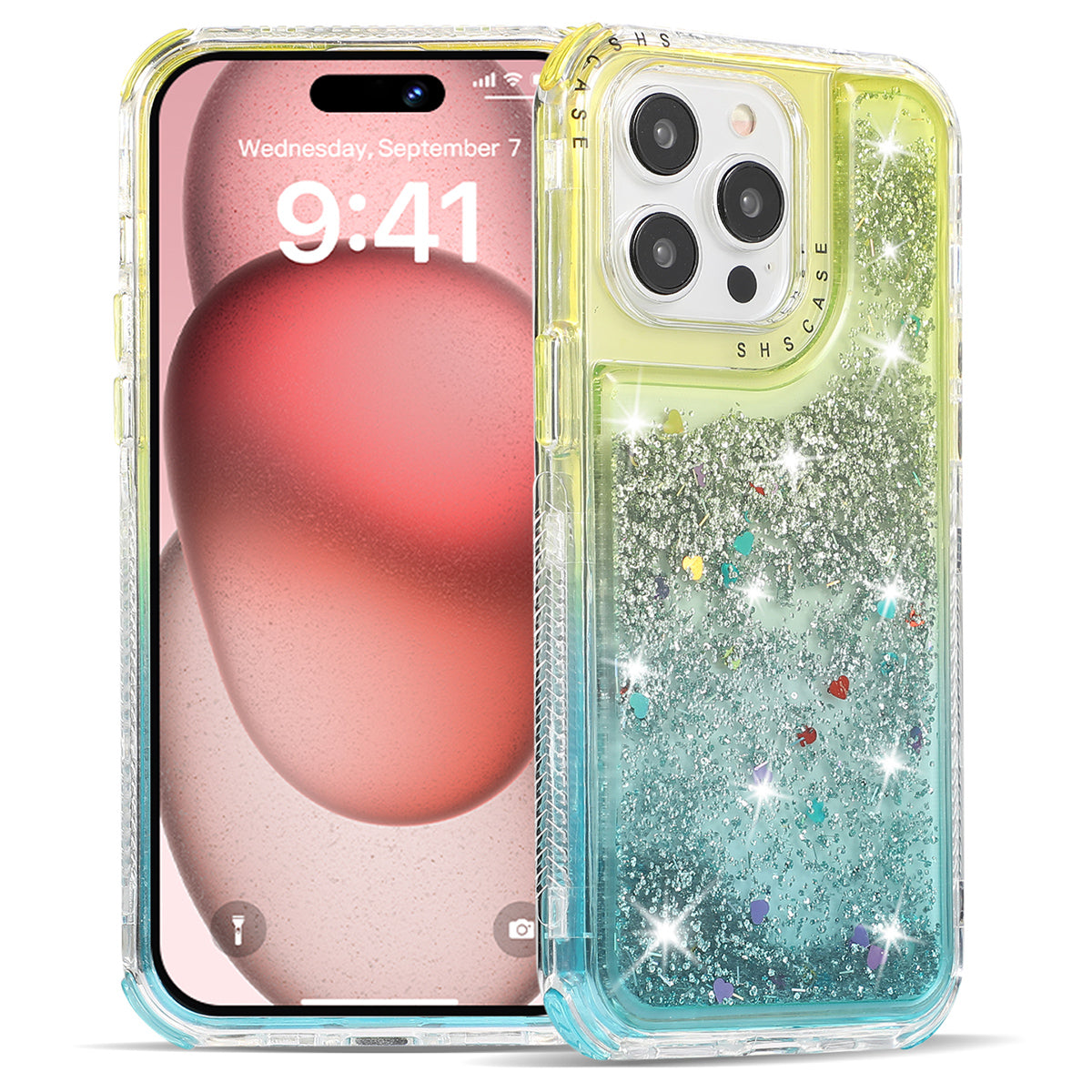 For iPhone 15 Pro Max Case Quicksand Liquid Floating Anti Slip TPU+PC Smart Phone Cover - Pink+Light Blue