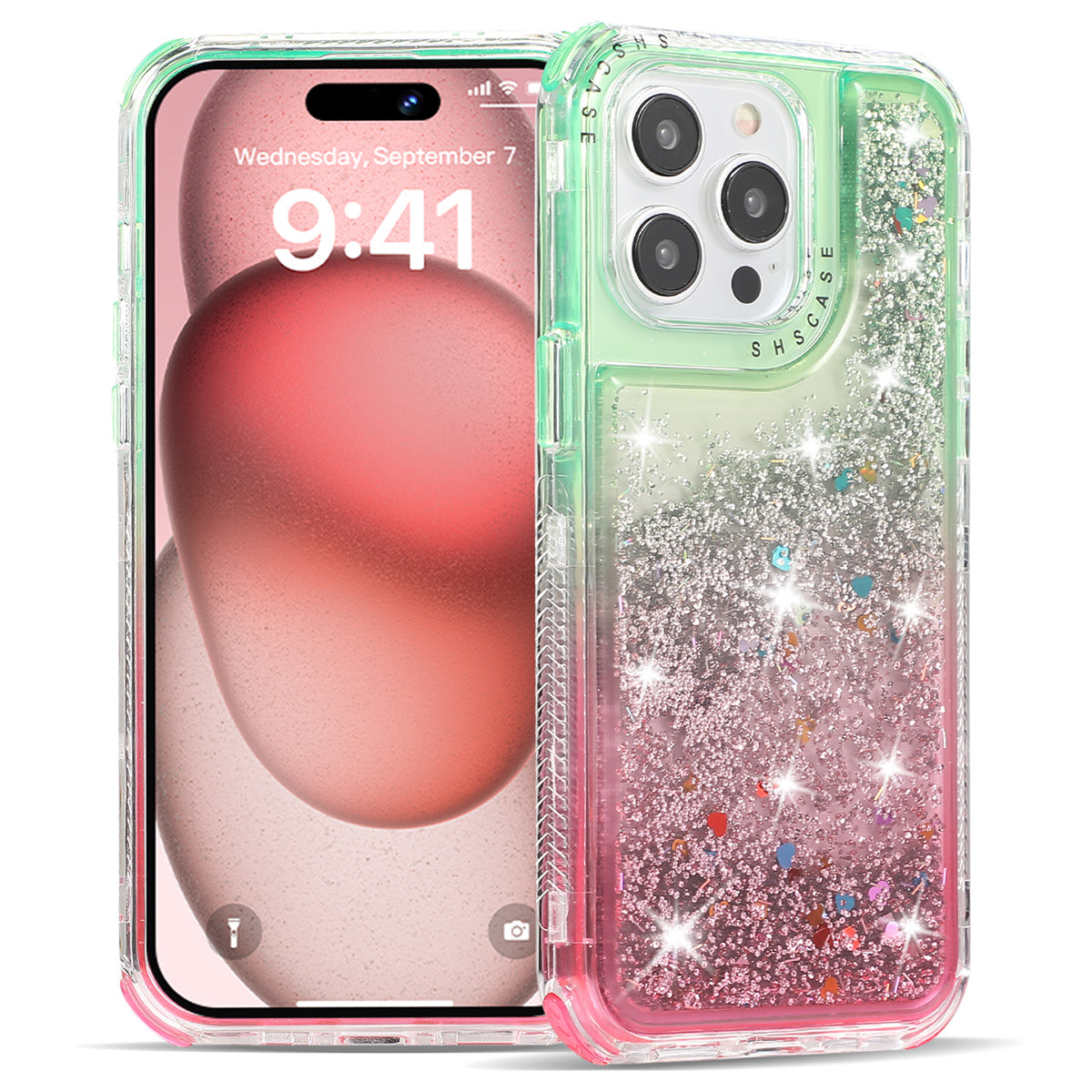 For iPhone 15 Pro Max Case Quicksand Liquid Floating Anti Slip TPU+PC Smart Phone Cover - Pink+Light Blue