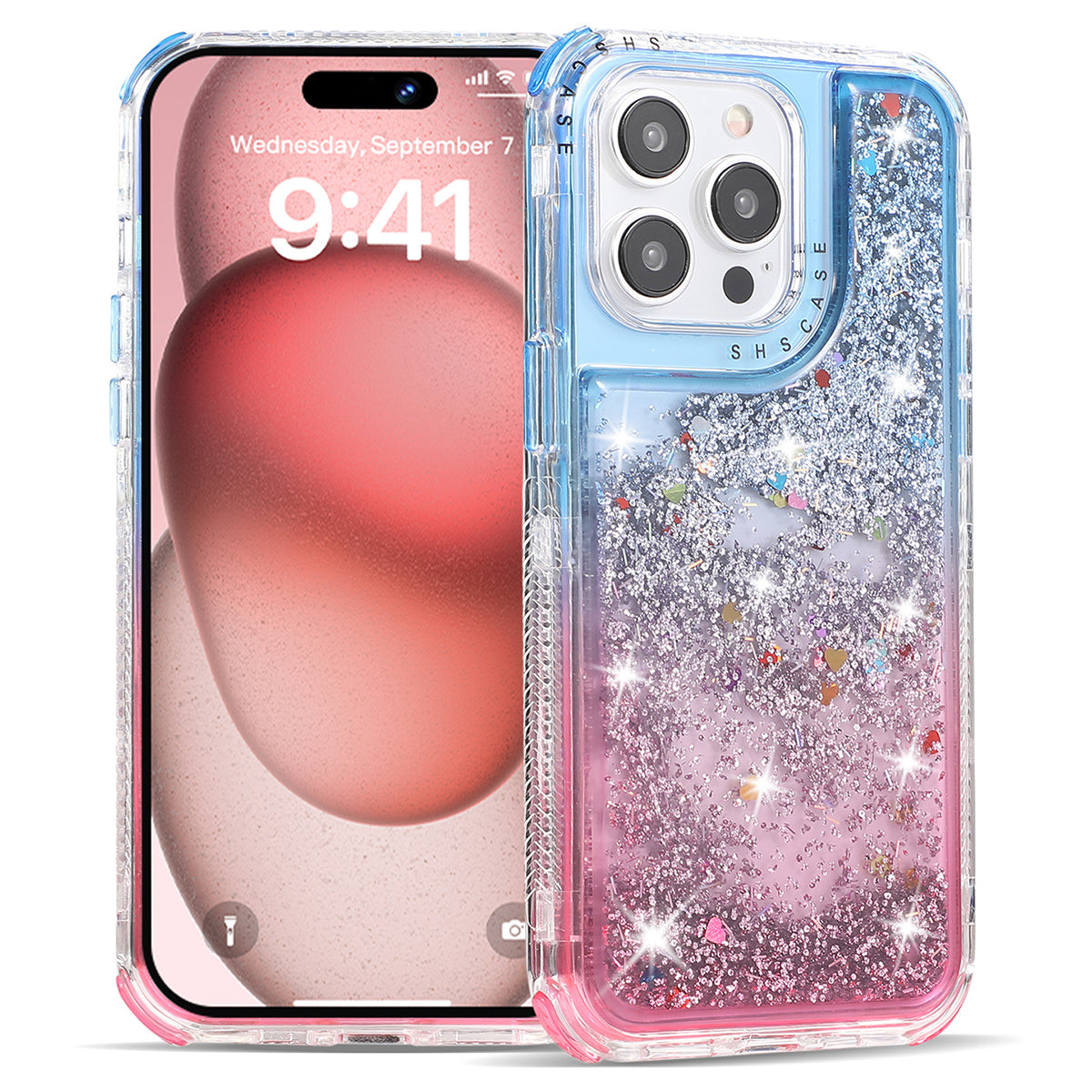 For iPhone 15 Pro Max Case Quicksand Liquid Floating Anti Slip TPU+PC Smart Phone Cover - Pink+Light Blue