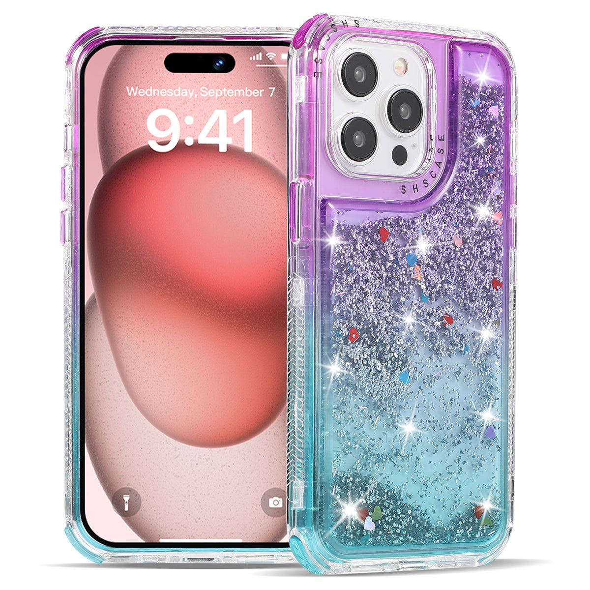 For iPhone 15 Pro Max Case Quicksand Liquid Floating Anti Slip TPU+PC Smart Phone Cover - Pink+Light Blue
