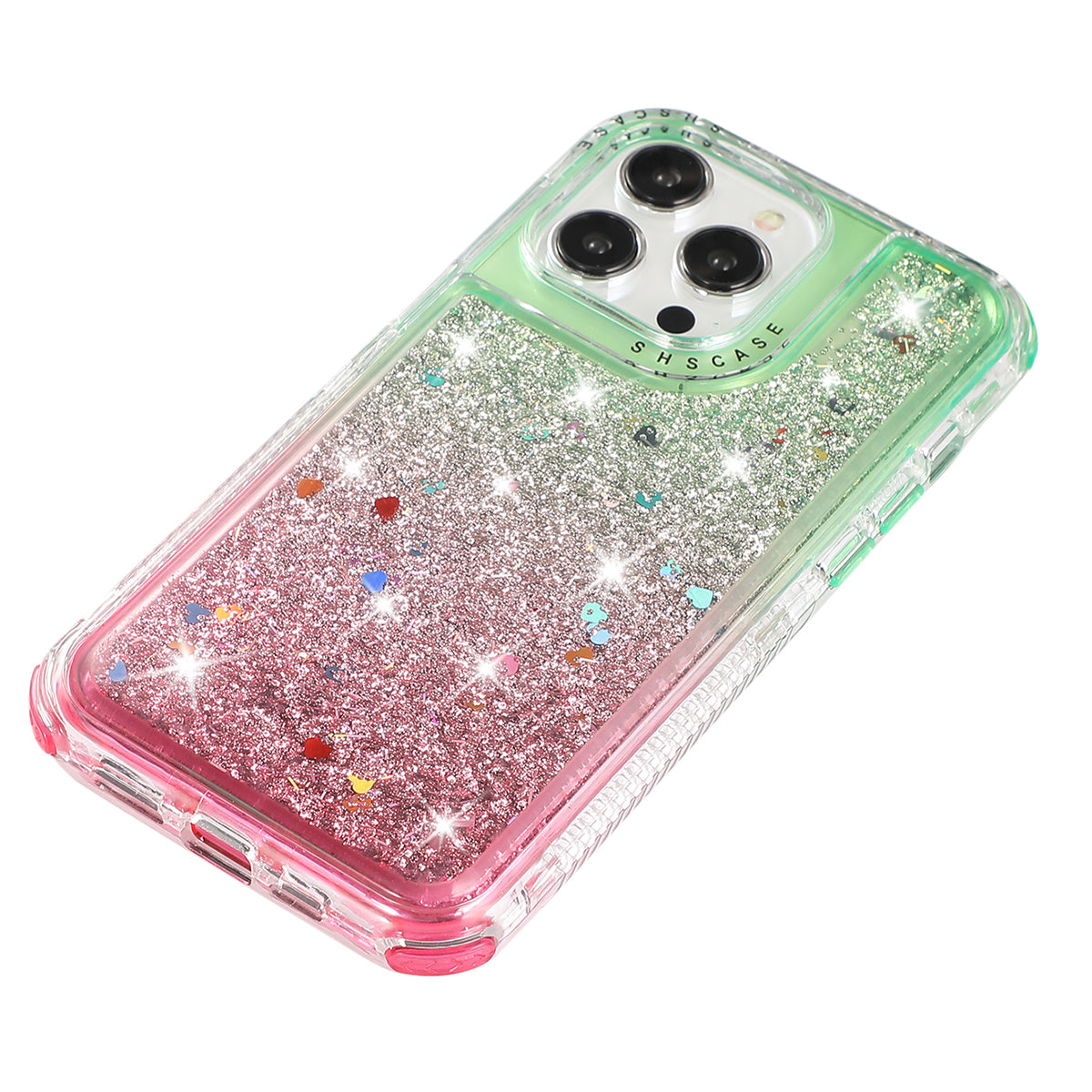 For iPhone 12 6.1 inch / 12 Pro 6.1 inch Case Anti Slip TPU+PC Gradient Quicksand Protective Back Shell - Green+Pink