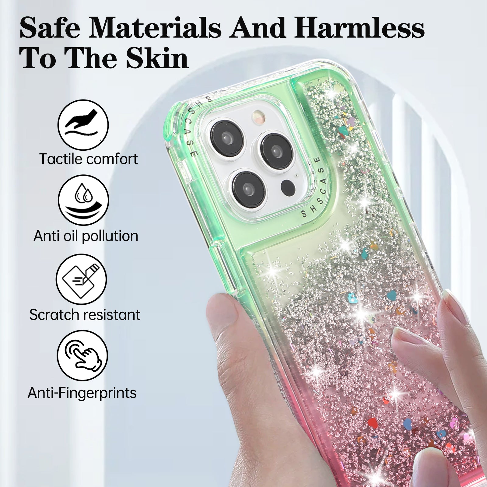 For iPhone 12 6.1 inch / 12 Pro 6.1 inch Case Anti Slip TPU+PC Gradient Quicksand Protective Back Shell - Green+Pink