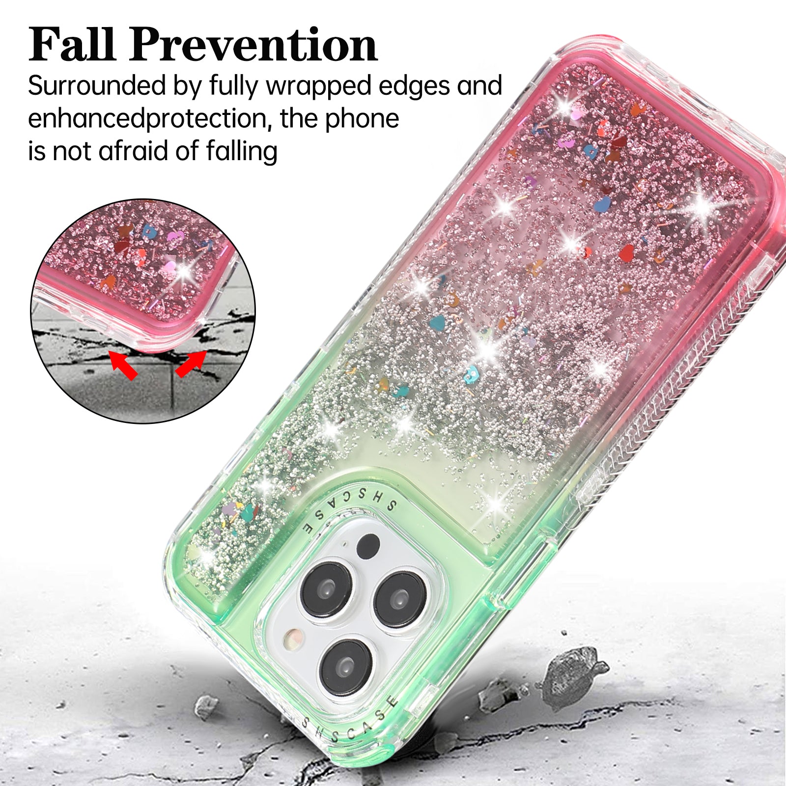 For iPhone 12 6.1 inch / 12 Pro 6.1 inch Case Anti Slip TPU+PC Gradient Quicksand Protective Back Shell - Green+Pink