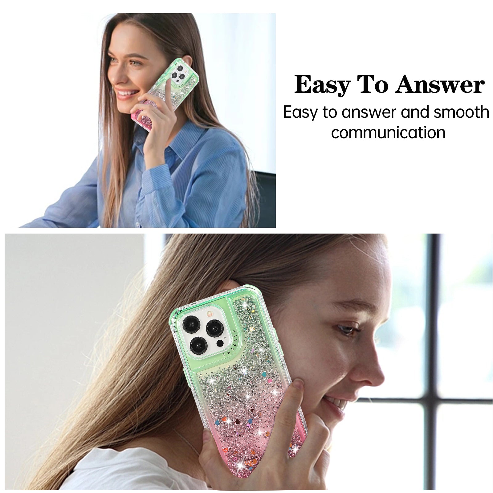 For iPhone 12 6.1 inch / 12 Pro 6.1 inch Case Anti Slip TPU+PC Gradient Quicksand Protective Back Shell - Green+Pink