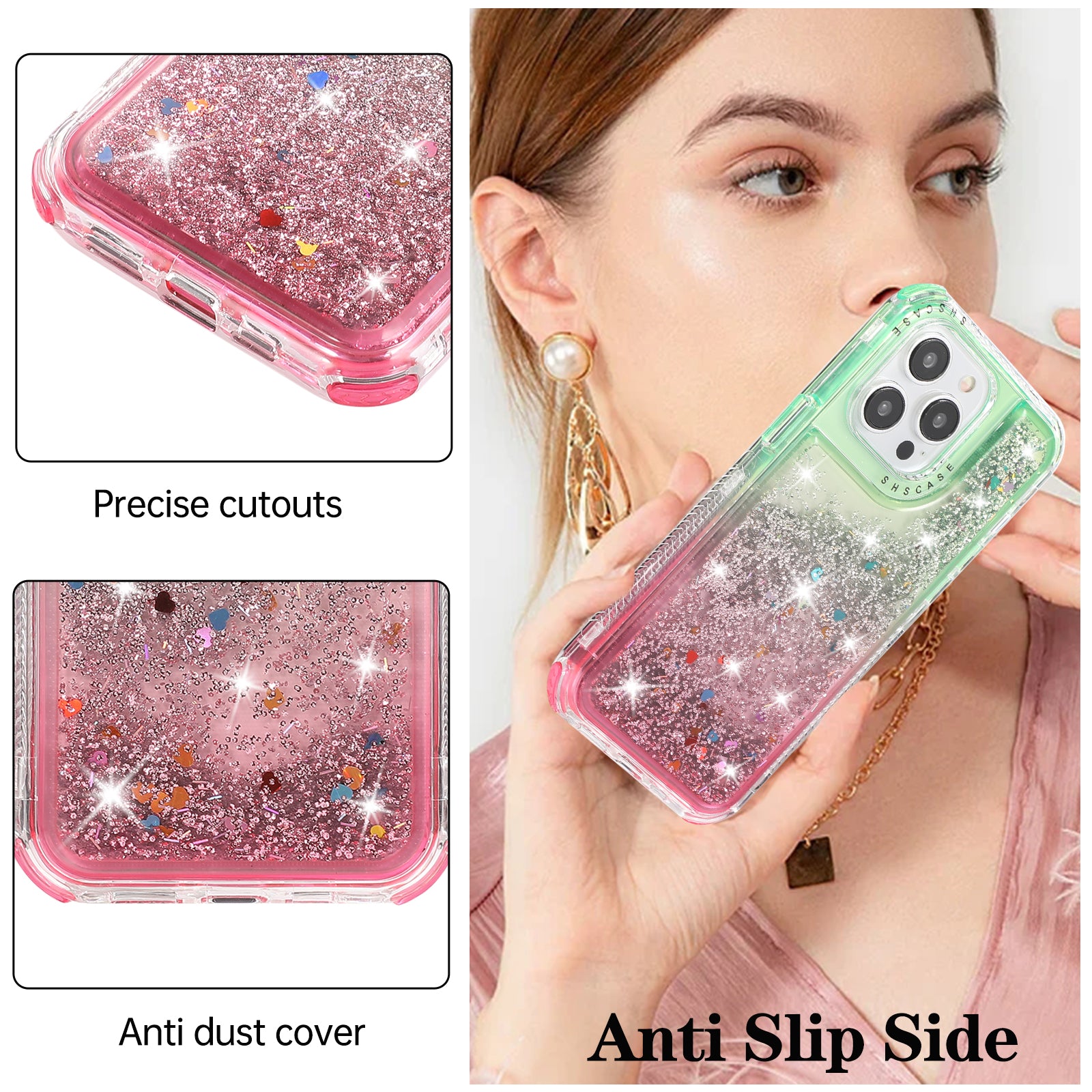 For iPhone 12 6.1 inch / 12 Pro 6.1 inch Case Anti Slip TPU+PC Gradient Quicksand Protective Back Shell - Green+Pink