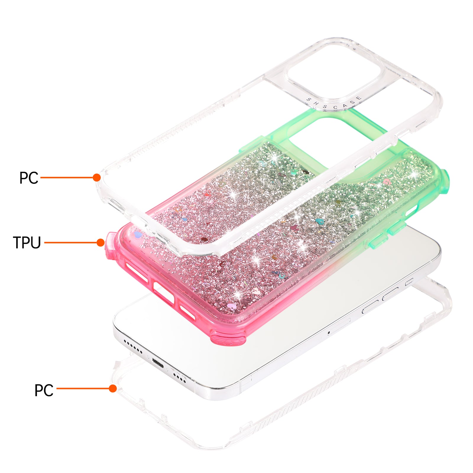 For iPhone 12 6.1 inch / 12 Pro 6.1 inch Case Anti Slip TPU+PC Gradient Quicksand Protective Back Shell - Green+Pink