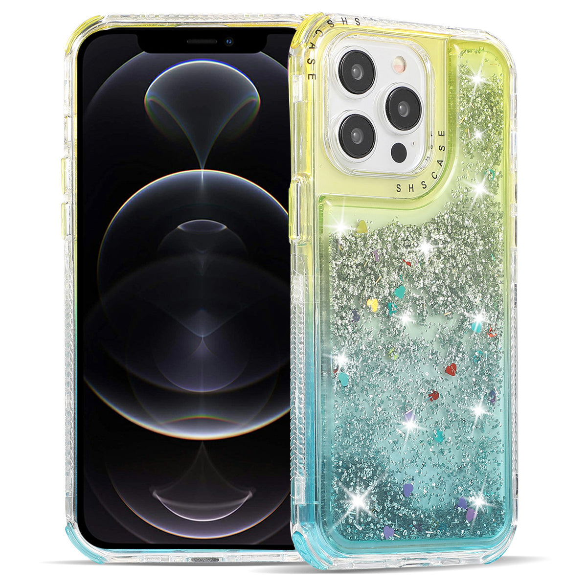 For iPhone 12 6.1 inch / 12 Pro 6.1 inch Case Anti Slip TPU+PC Gradient Quicksand Protective Back Shell - Green+Pink