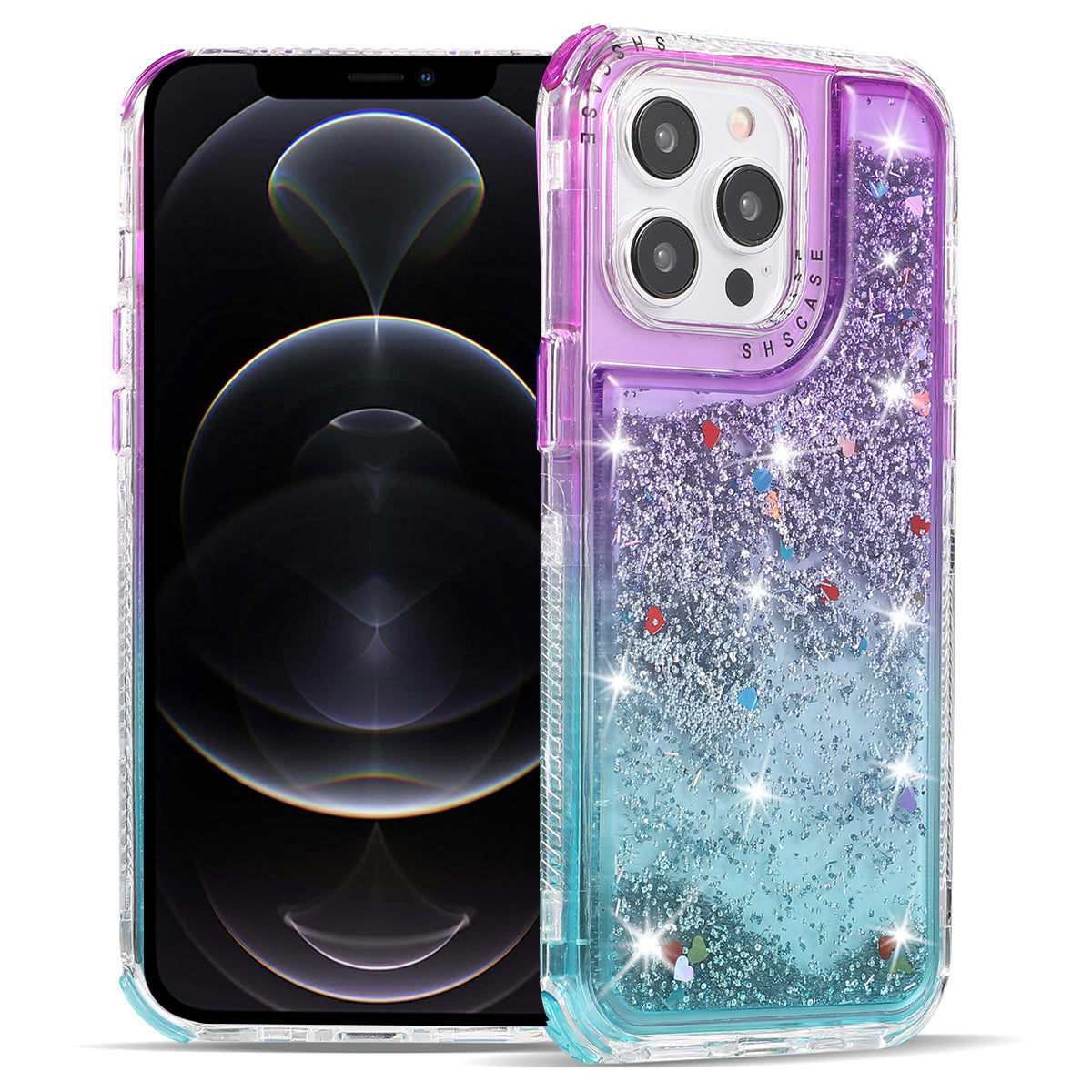 For iPhone 12 6.1 inch / 12 Pro 6.1 inch Case Anti Slip TPU+PC Gradient Quicksand Protective Back Shell - Green+Pink