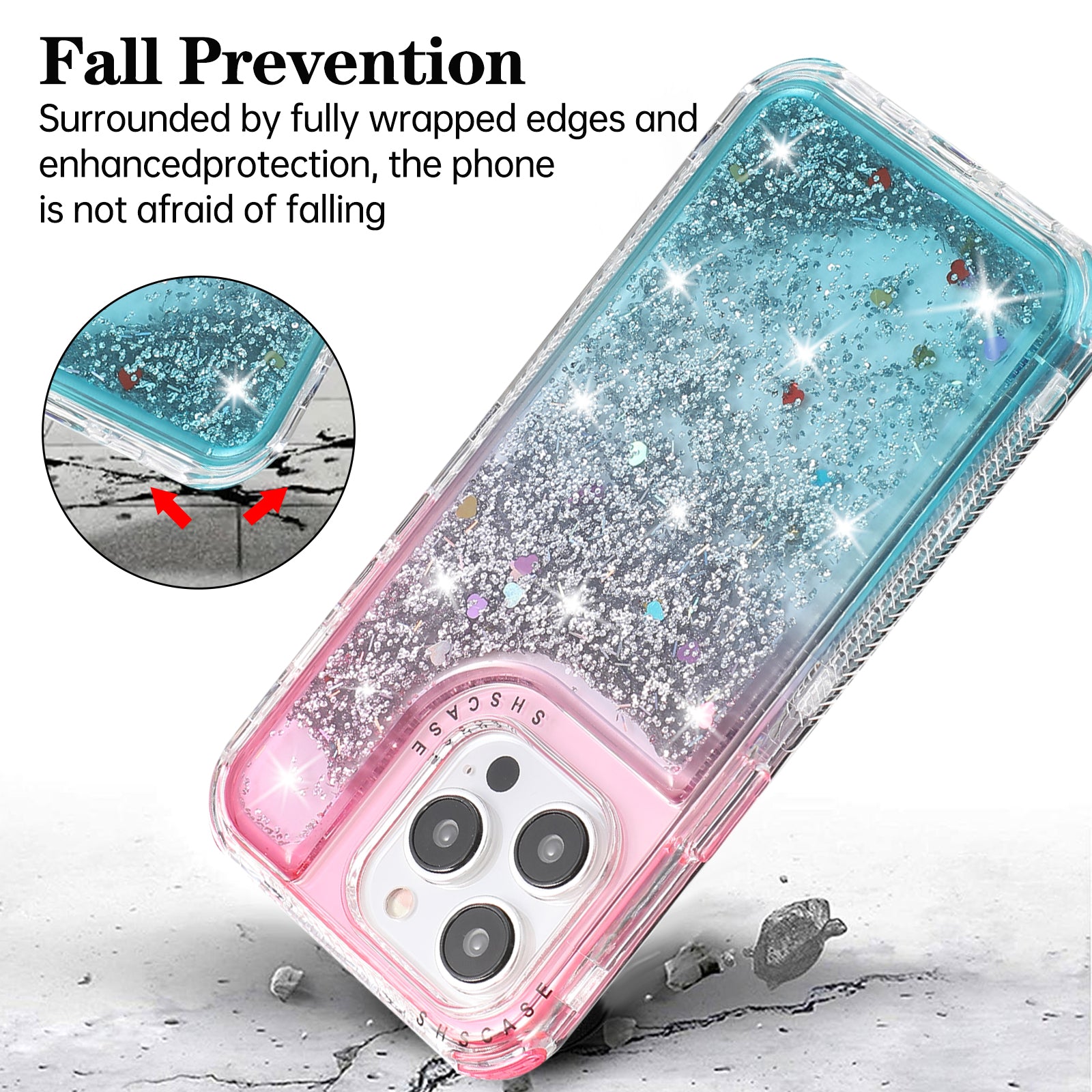 For iPhone 13 Pro 6.1 inch Cell Phone Case TPU+PC Anti-drop Gradient Liquid Quicksand Shell - Pink+Light Blue