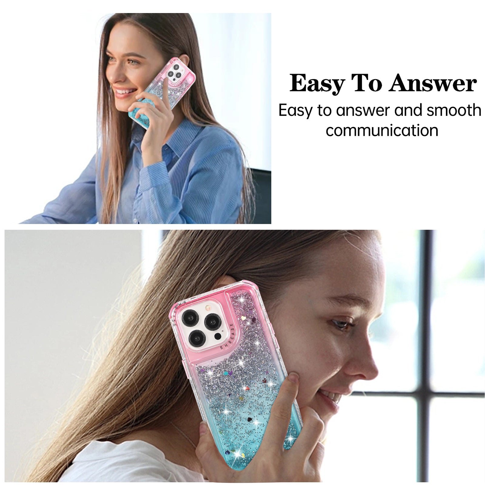 For iPhone 13 Pro 6.1 inch Cell Phone Case TPU+PC Anti-drop Gradient Liquid Quicksand Shell - Pink+Light Blue