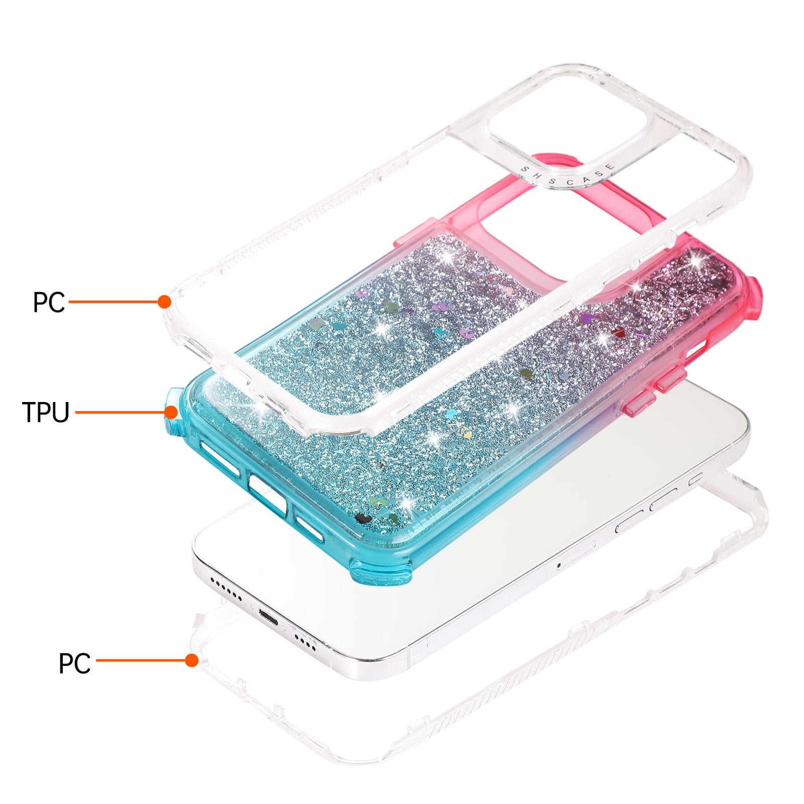 For iPhone 13 Pro 6.1 inch Cell Phone Case TPU+PC Anti-drop Gradient Liquid Quicksand Shell - Pink+Light Blue