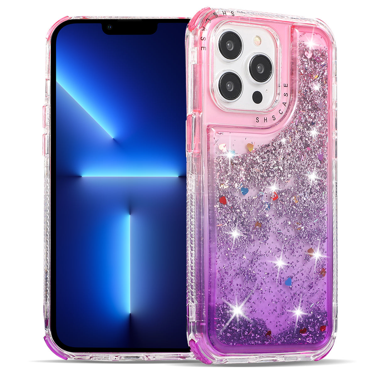 For iPhone 13 Pro 6.1 inch Cell Phone Case TPU+PC Anti-drop Gradient Liquid Quicksand Shell - Pink+Light Blue