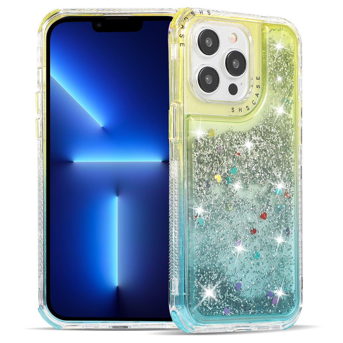 For iPhone 13 Pro 6.1 inch Cell Phone Case TPU+PC Anti-drop Gradient Liquid Quicksand Shell - Pink+Light Blue