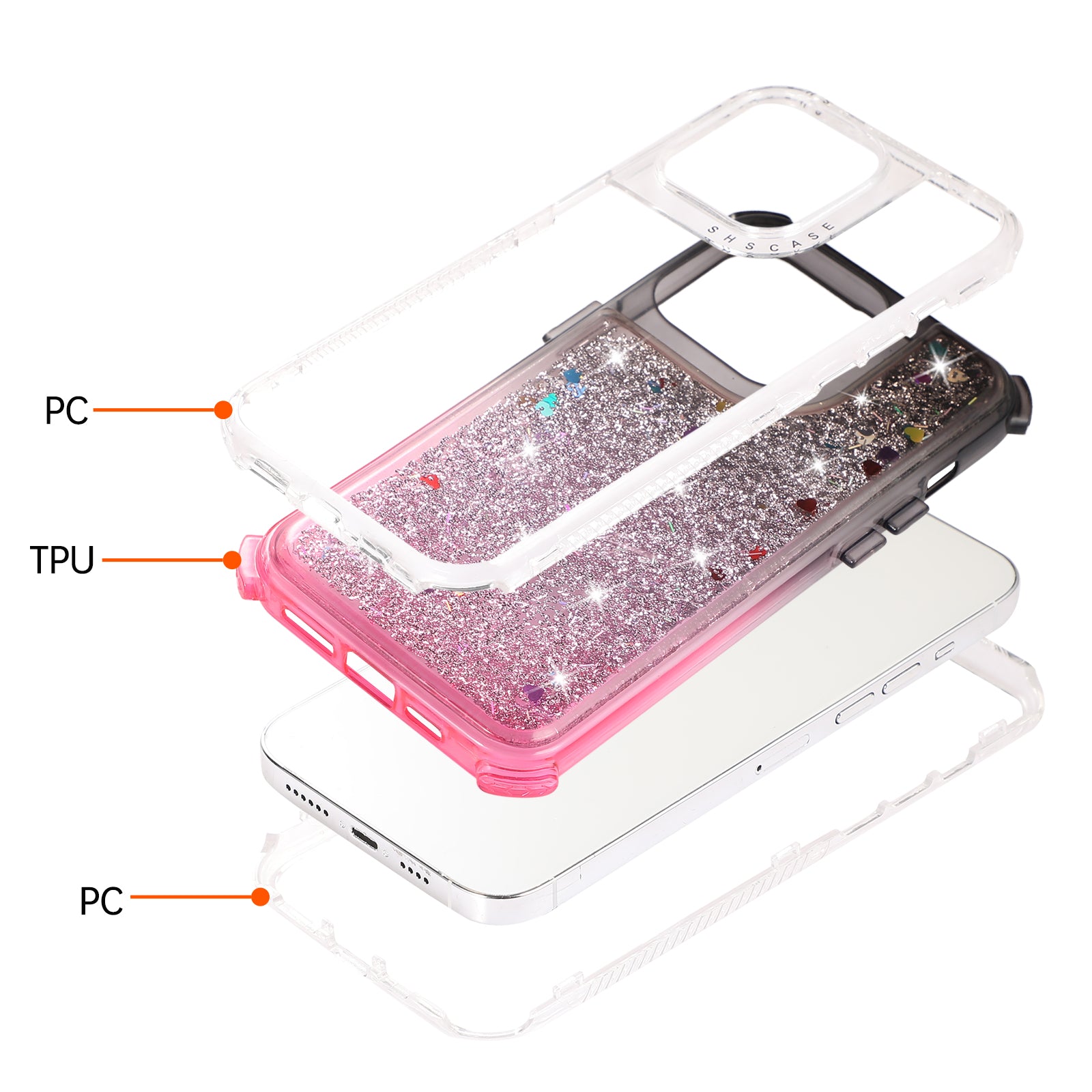 For iPhone 14 Pro Case Gradient Liquid Floating Quicksand Scratch-proof TPU+PC Mobile Phone Cover - Black+Pink