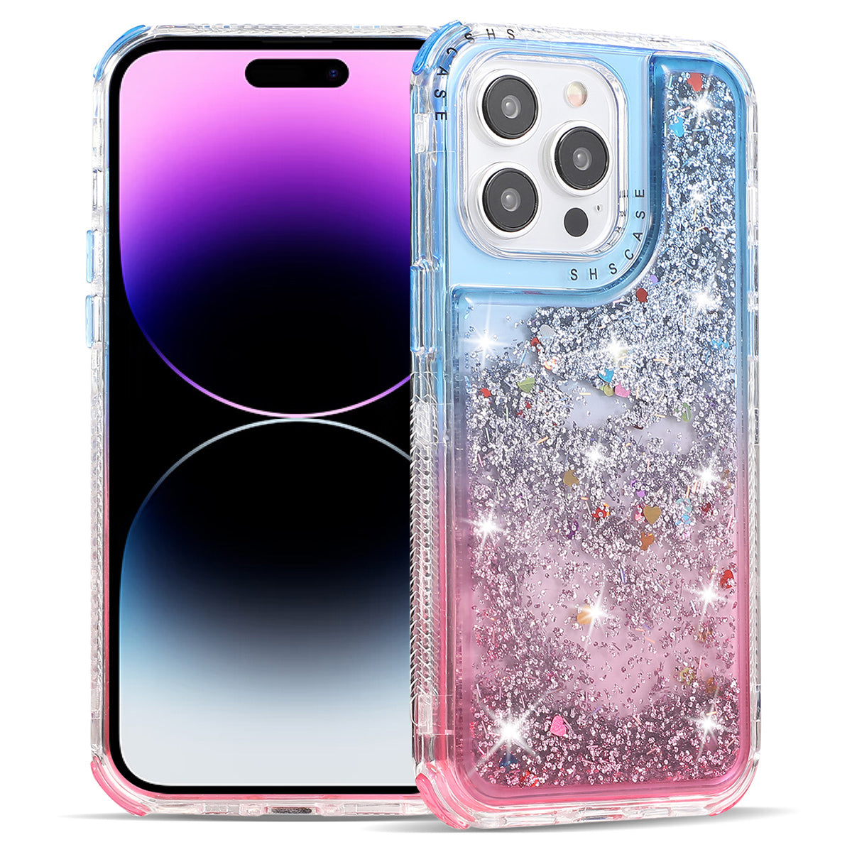 For iPhone 14 Pro Case Gradient Liquid Floating Quicksand Scratch-proof TPU+PC Mobile Phone Cover - Black+Pink