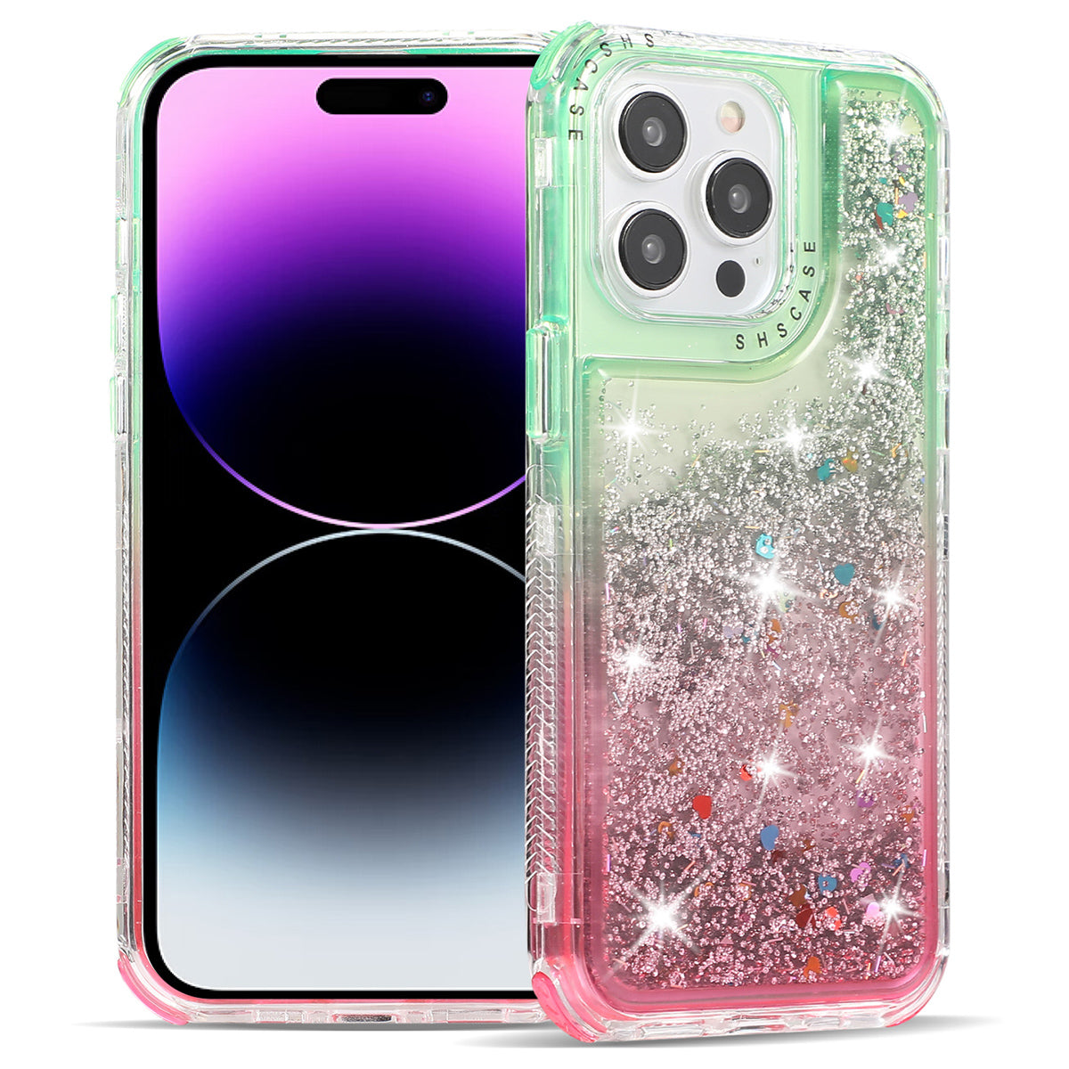 For iPhone 14 Pro Case Gradient Liquid Floating Quicksand Scratch-proof TPU+PC Mobile Phone Cover - Black+Pink