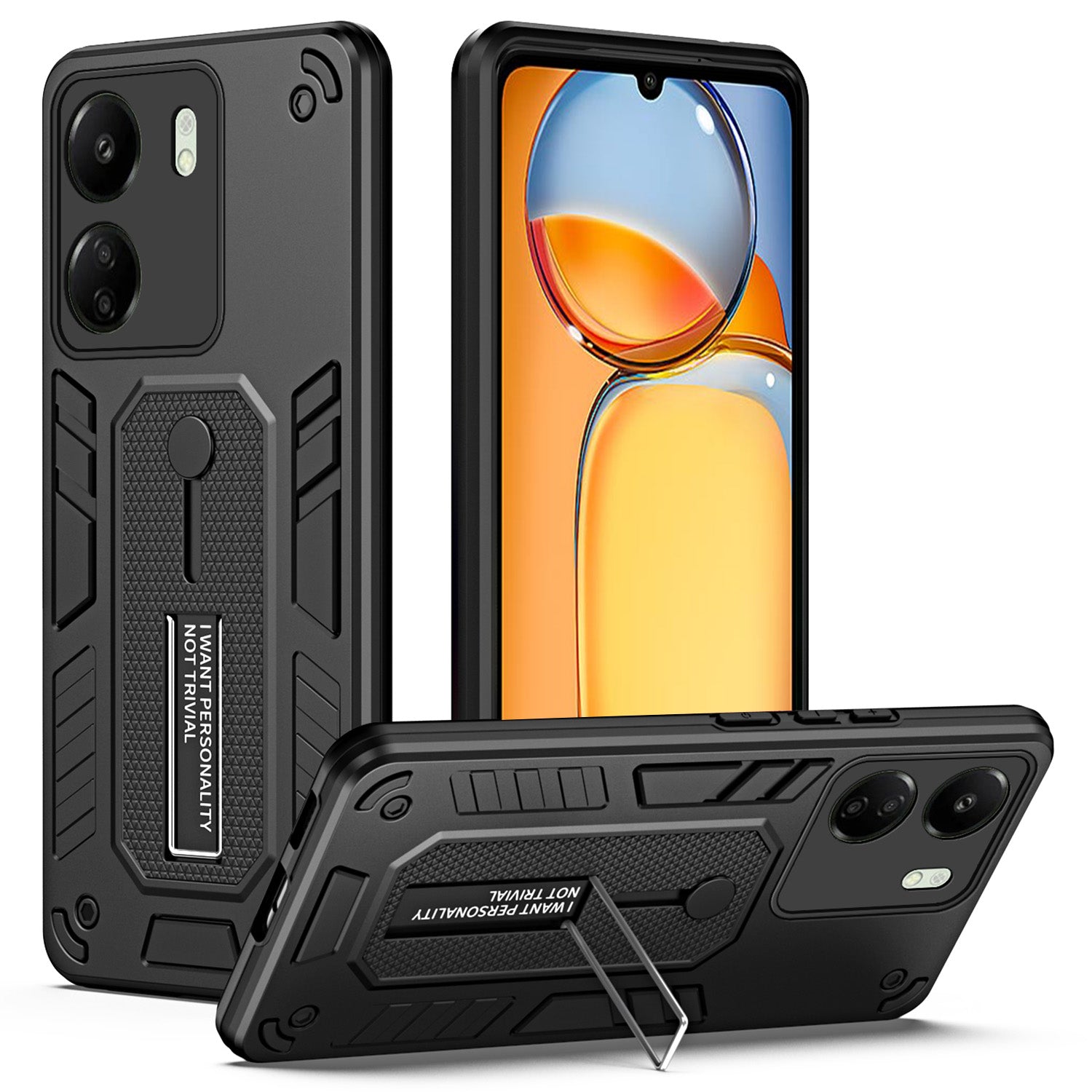For Xiaomi Redmi 13C 4G / Poco C65 4G Metal Kickstand Case with Silicone Ring Strap - Black