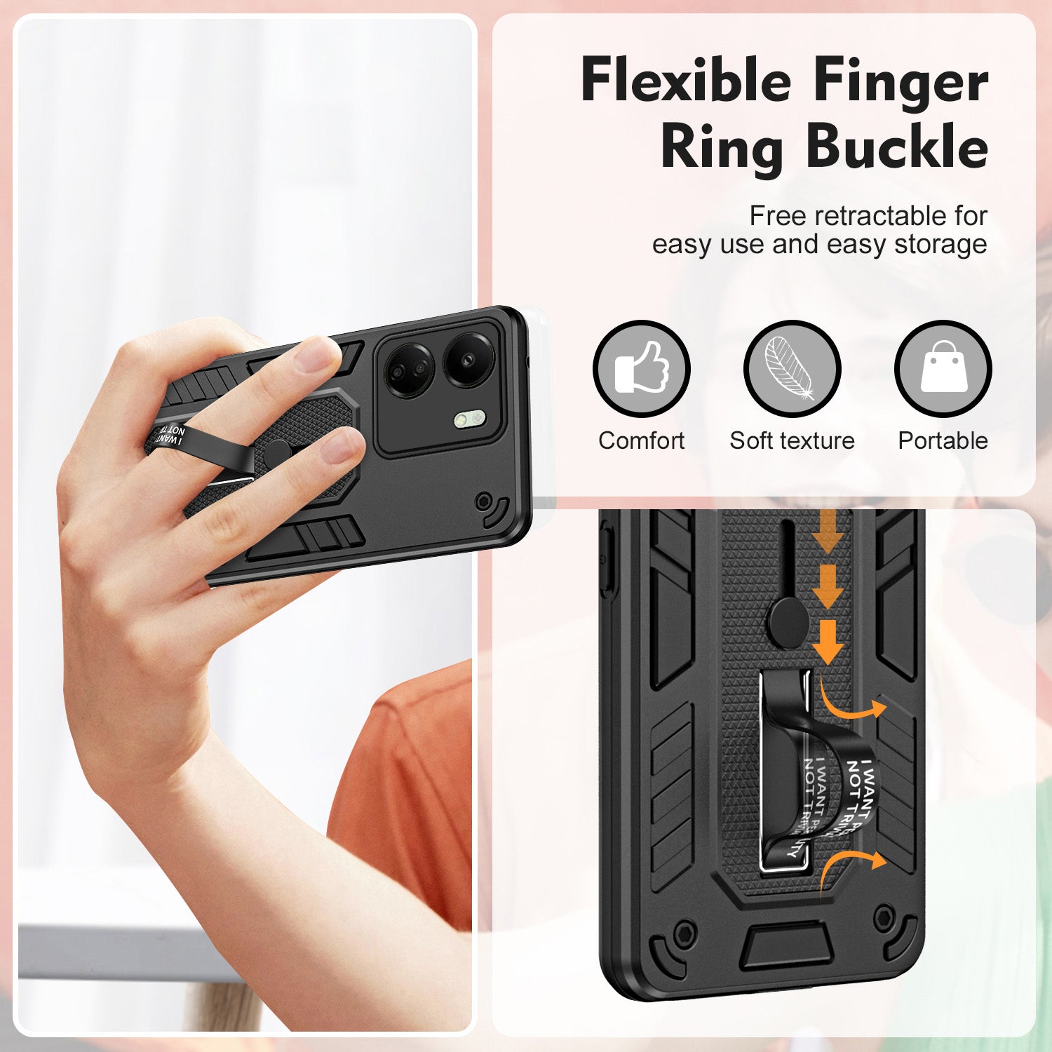 For Xiaomi Redmi 13C 4G / Poco C65 4G Metal Kickstand Case with Silicone Ring Strap - Black