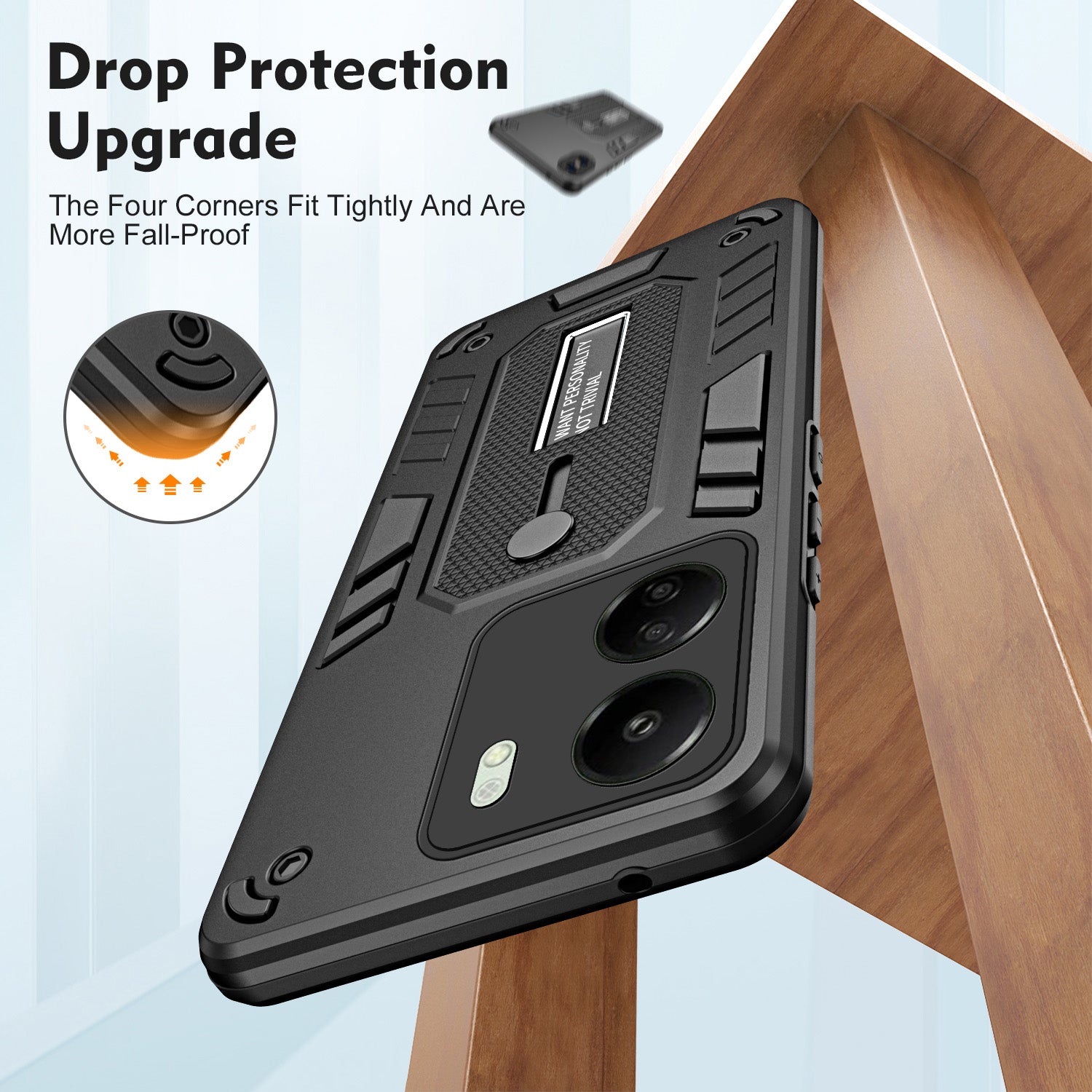 For Xiaomi Redmi 13C 4G / Poco C65 4G Metal Kickstand Case with Silicone Ring Strap - Black