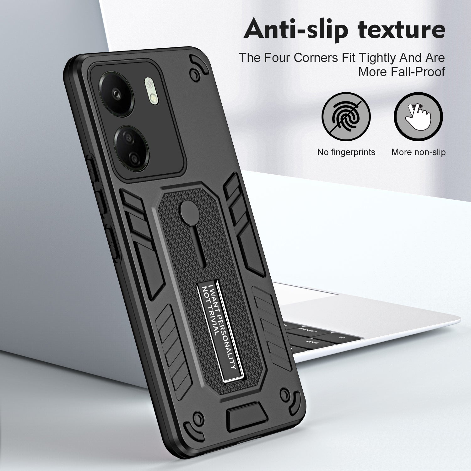 For Xiaomi Redmi 13C 4G / Poco C65 4G Metal Kickstand Case with Silicone Ring Strap - Black
