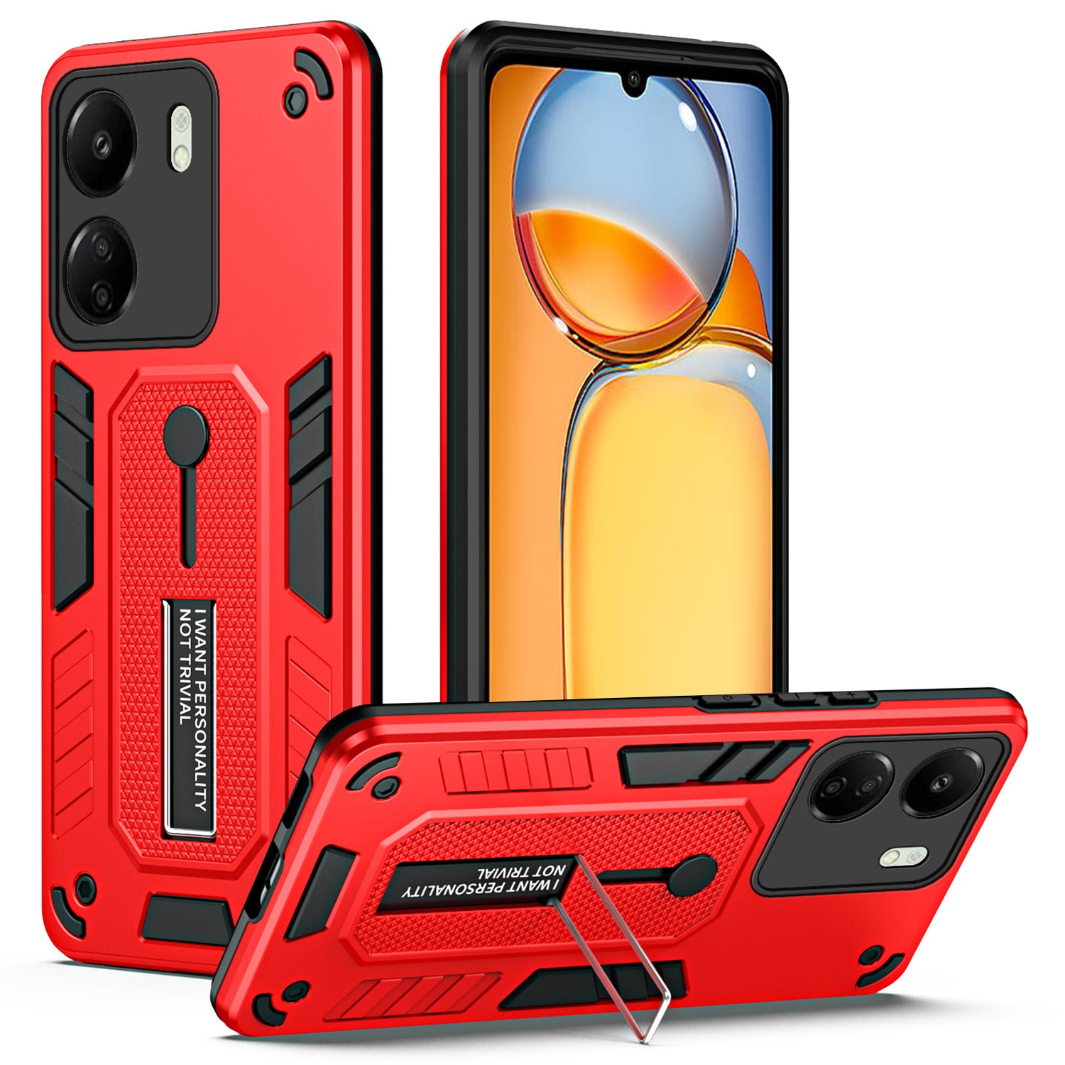For Xiaomi Redmi 13C 4G / Poco C65 4G Metal Kickstand Case with Silicone Ring Strap - Black
