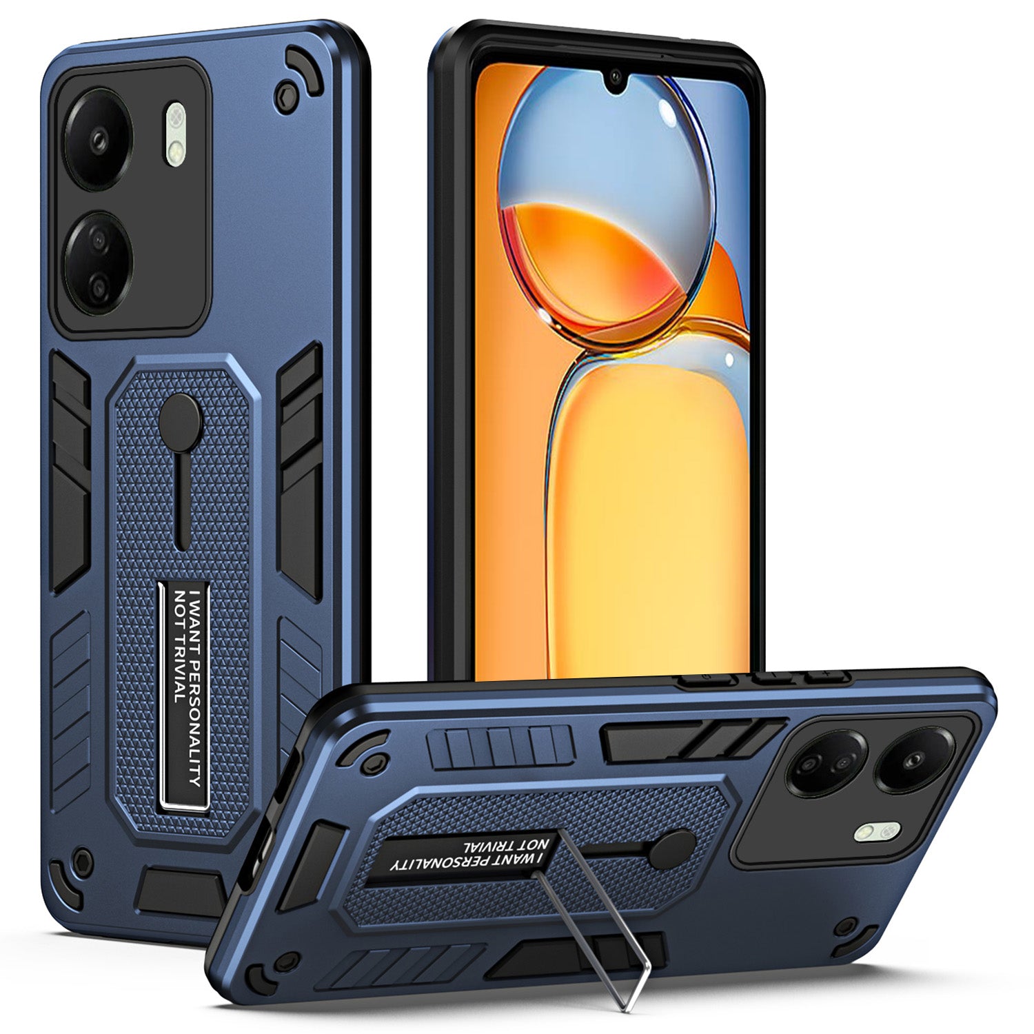 For Xiaomi Redmi 13C 4G / Poco C65 4G Metal Kickstand Case with Silicone Ring Strap - Black