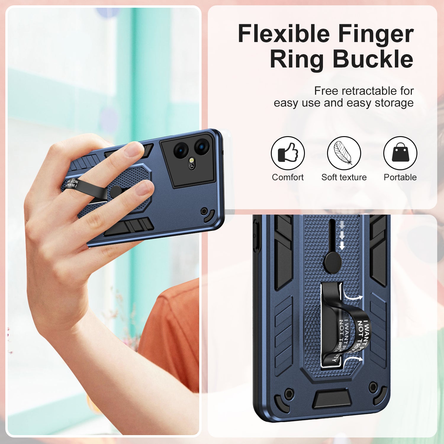 For Transsion Tecno Pova Neo 3 4G Kickstand Case Anti-drop Phone Cover Silicone Ring Strap - Blue