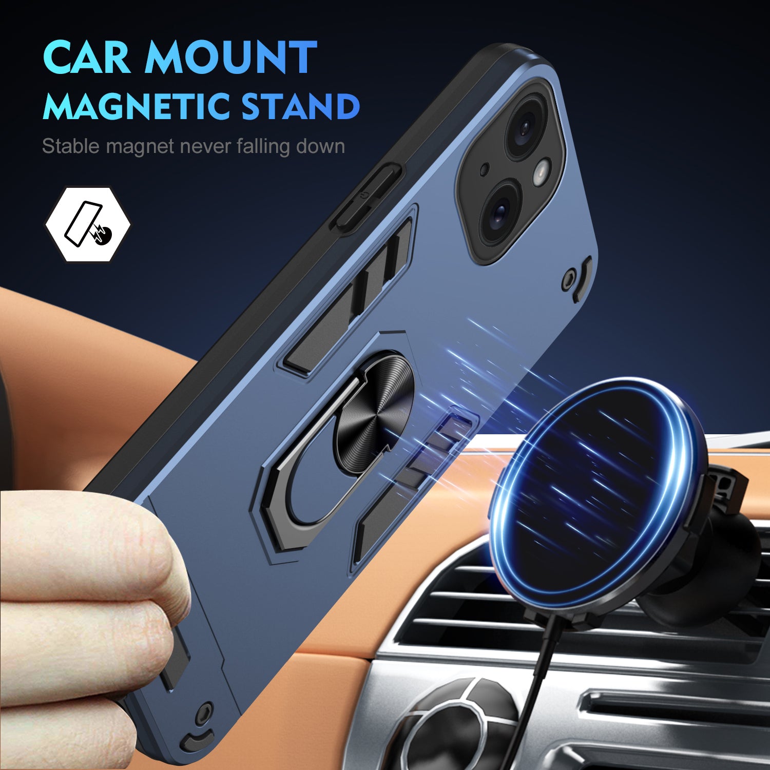 For iPhone 15 Plus Kickstand Case TPU+PC Cover Support Magnetic Car Mount - Blue