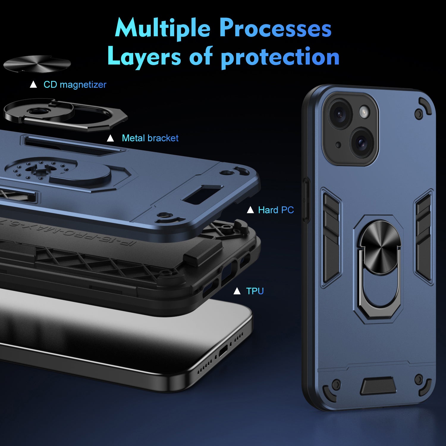 For iPhone 15 Plus Kickstand Case TPU+PC Cover Support Magnetic Car Mount - Blue