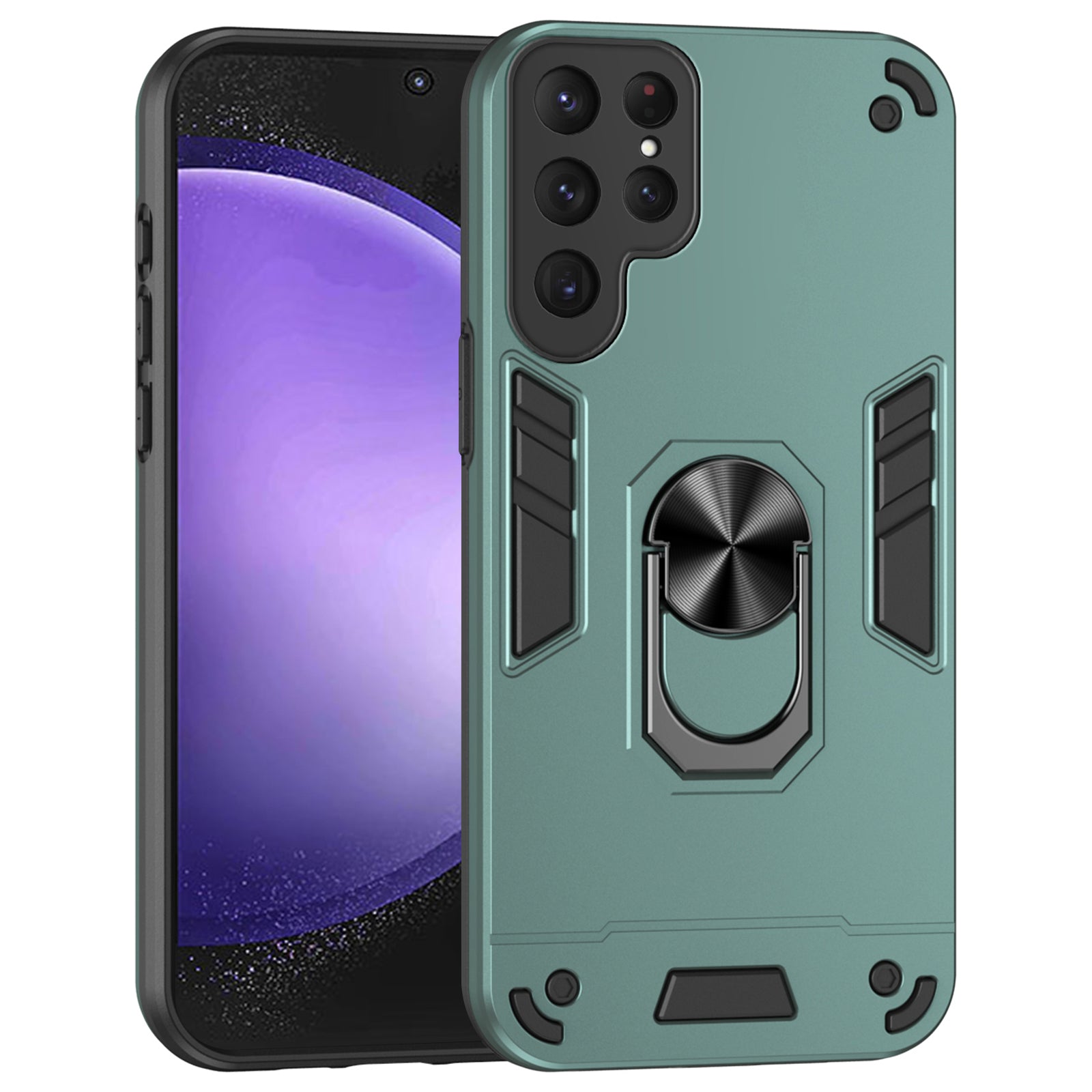 For Samsung Galaxy S24 Ultra Case Ring Kickstand PC+TPU Phone Cover Support Magnetic Car Mount - Green