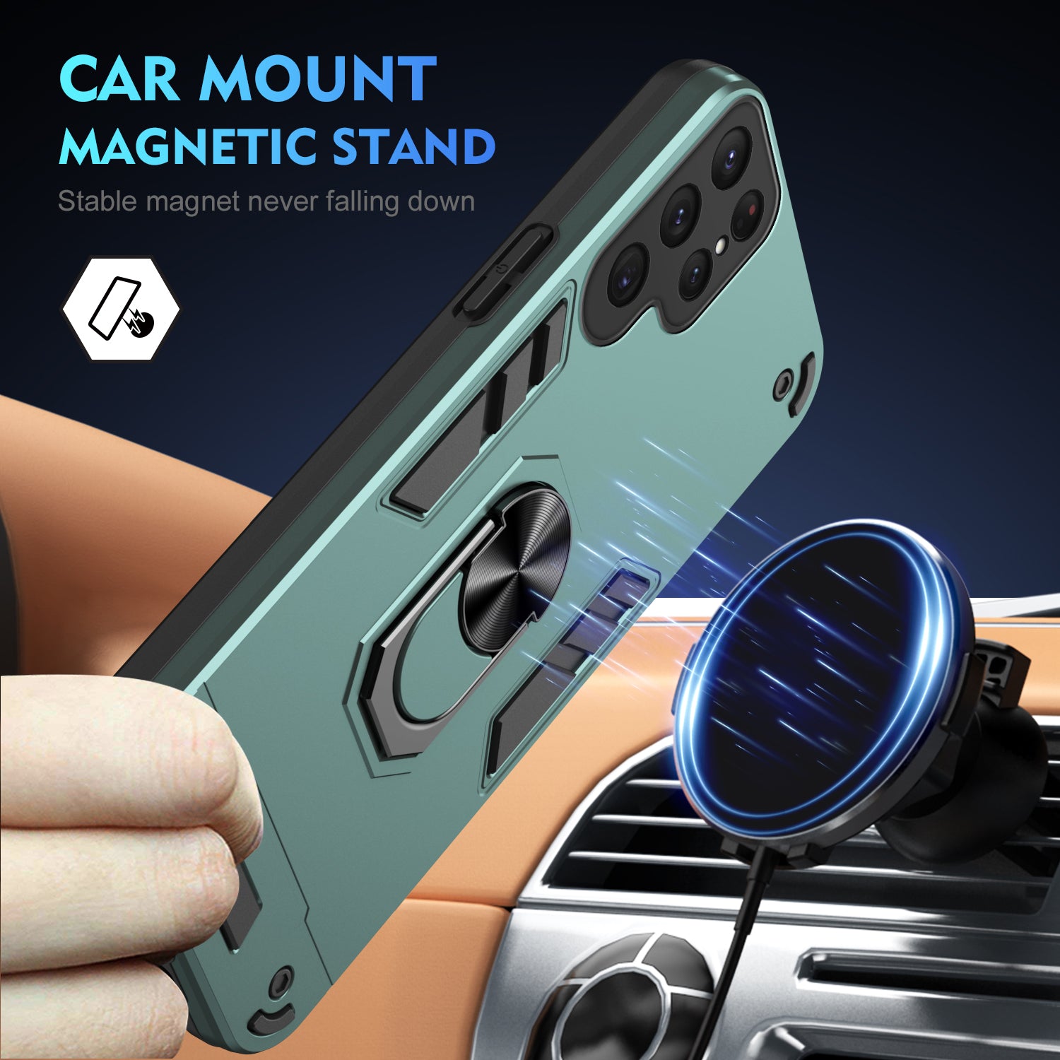 For Samsung Galaxy S24 Ultra Case Ring Kickstand PC+TPU Phone Cover Support Magnetic Car Mount - Green