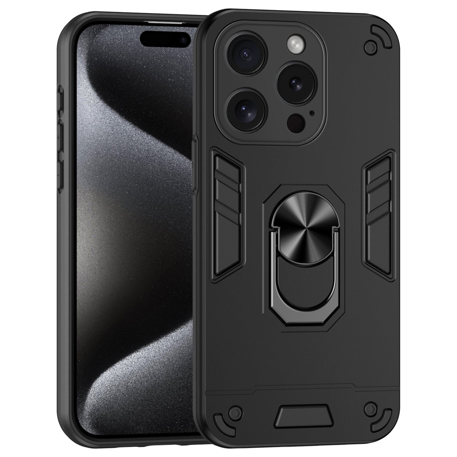For iPhone 15 Pro Max Cell Phone Case PC+TPU Anti-drop Rotating Ring Kickstand Cover - Black