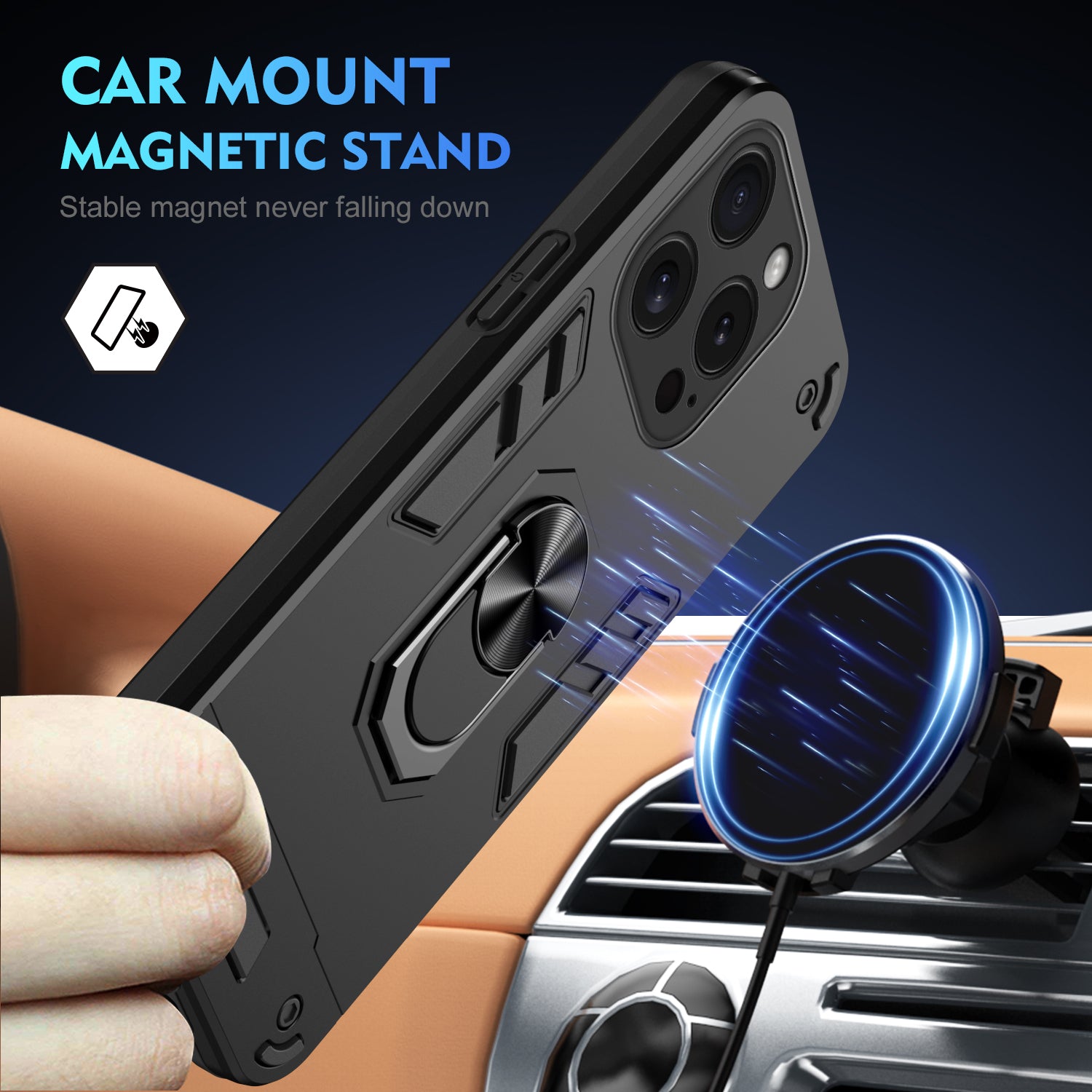 For iPhone 15 Pro Max Cell Phone Case PC+TPU Anti-drop Rotating Ring Kickstand Cover - Black