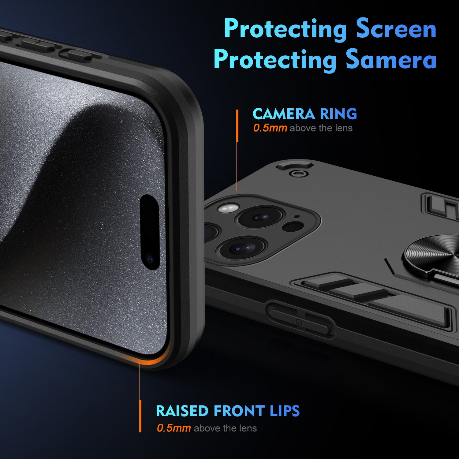 For iPhone 15 Pro Max Cell Phone Case PC+TPU Anti-drop Rotating Ring Kickstand Cover - Black