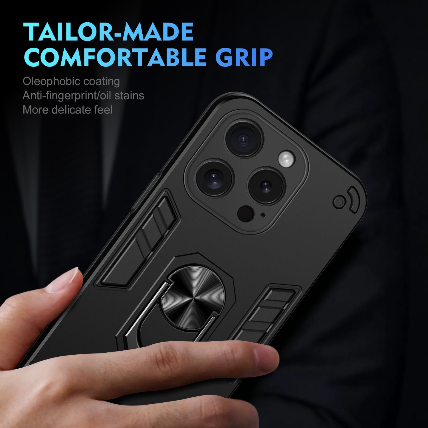 For iPhone 15 Pro Max Cell Phone Case PC+TPU Anti-drop Rotating Ring Kickstand Cover - Black