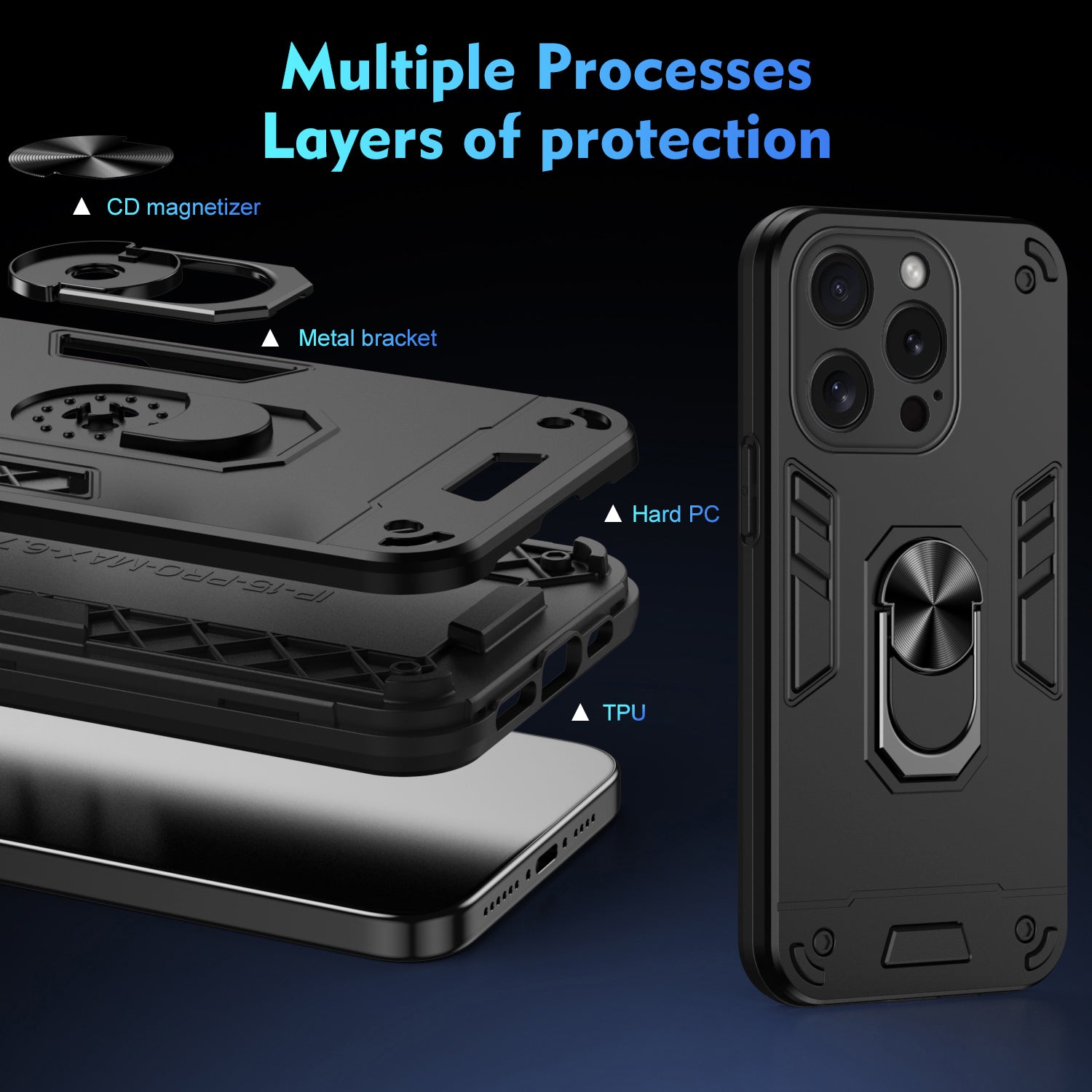 For iPhone 15 Pro Max Cell Phone Case PC+TPU Anti-drop Rotating Ring Kickstand Cover - Black
