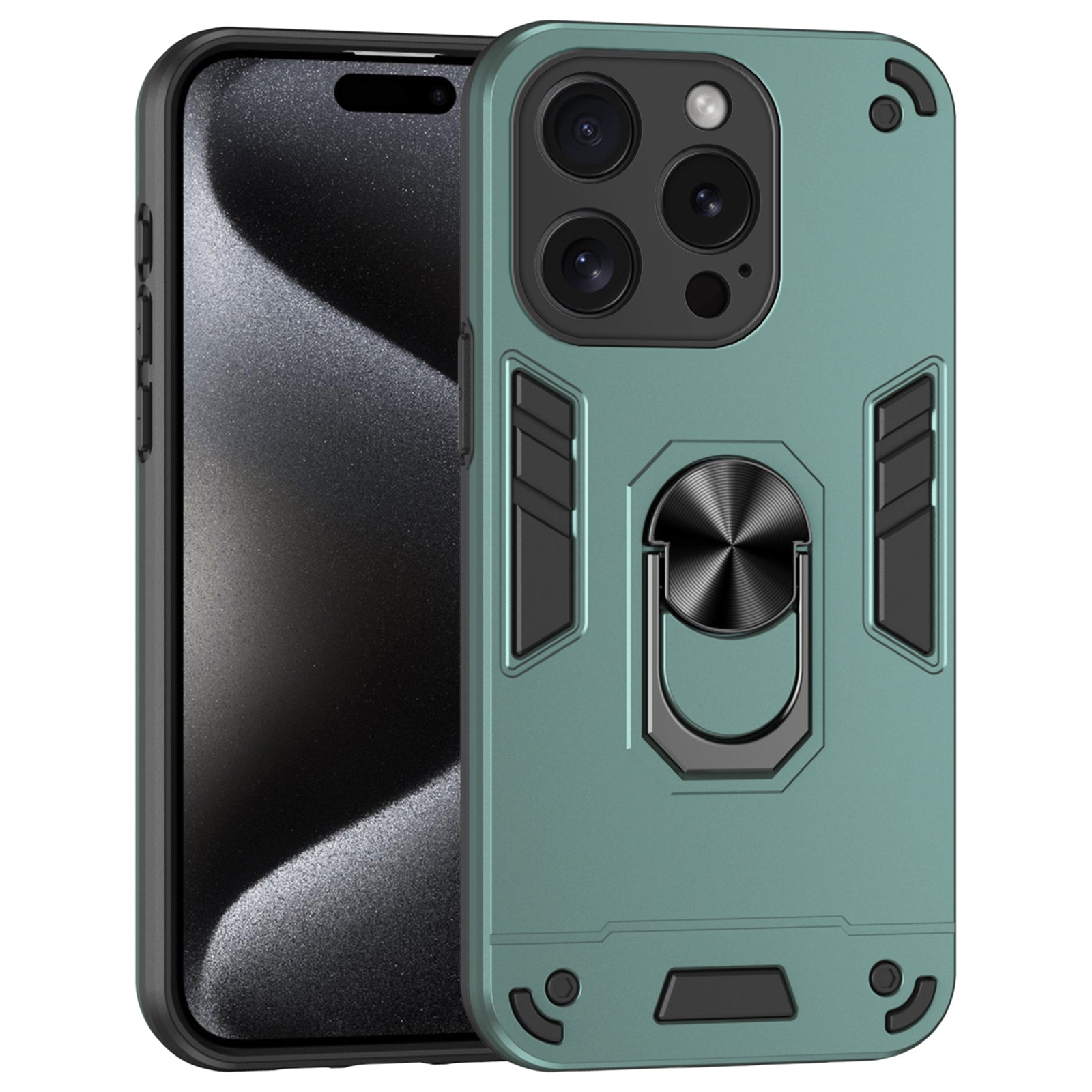 For iPhone 15 Pro Max Cell Phone Case PC+TPU Anti-drop Rotating Ring Kickstand Cover - Black