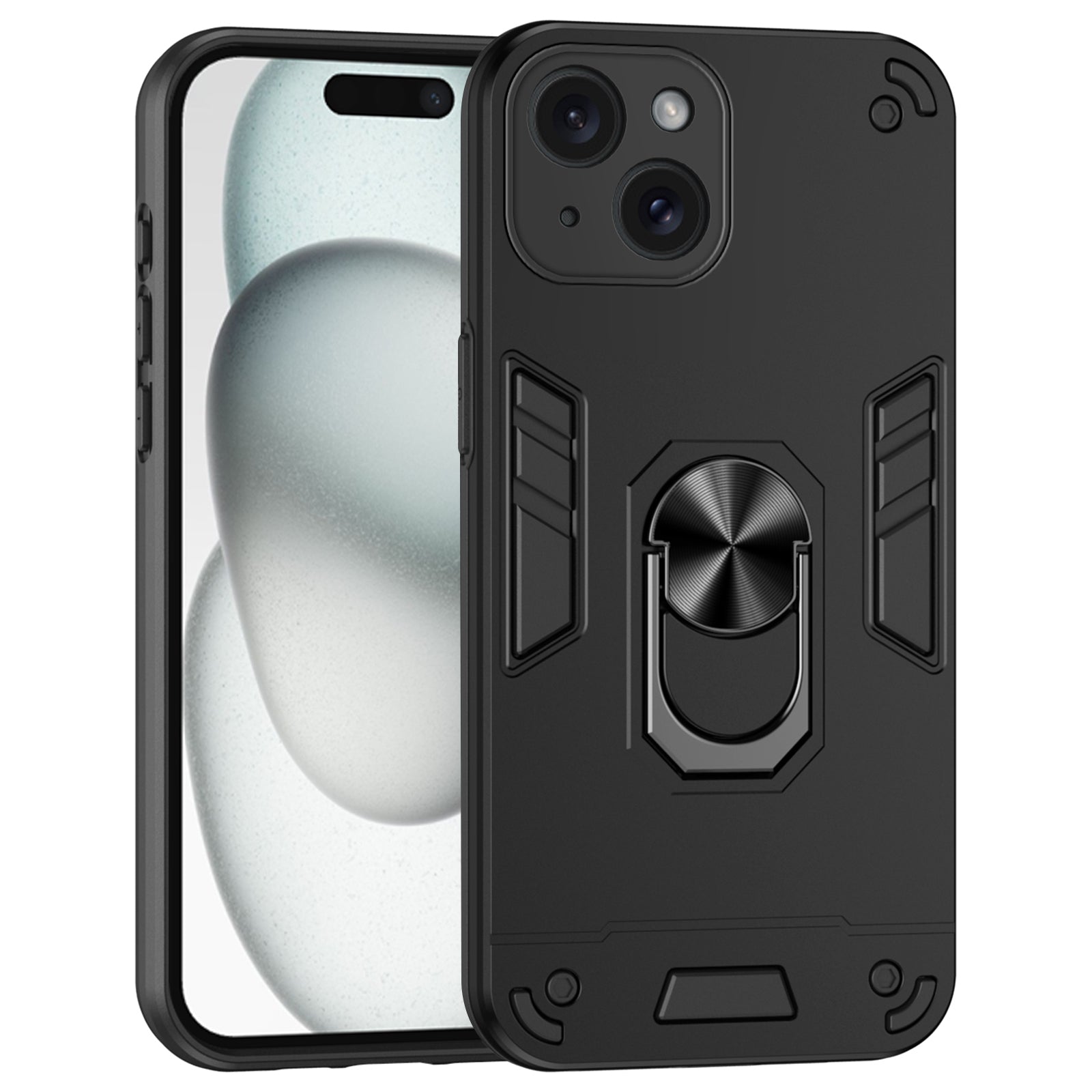 For iPhone 15 Cell Phone Case PC+TPU Kickstand Cover Fits Magnetic Car Mount - Black