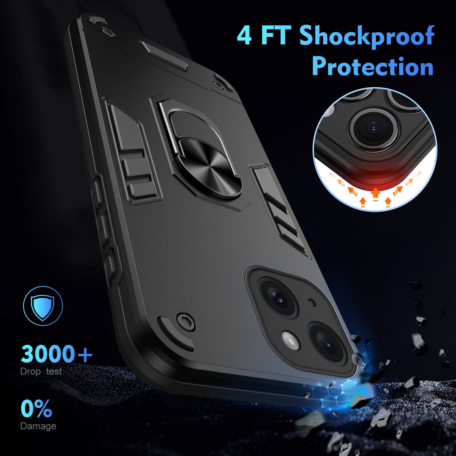 For iPhone 15 Cell Phone Case PC+TPU Kickstand Cover Fits Magnetic Car Mount - Black