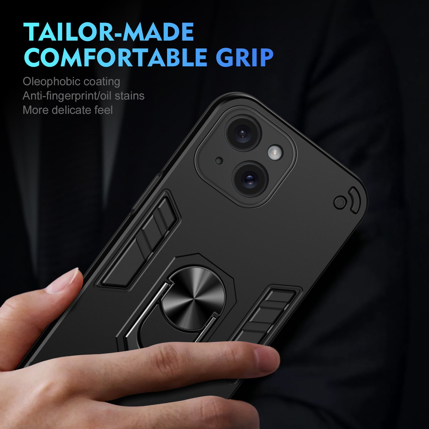 For iPhone 15 Cell Phone Case PC+TPU Kickstand Cover Fits Magnetic Car Mount - Black