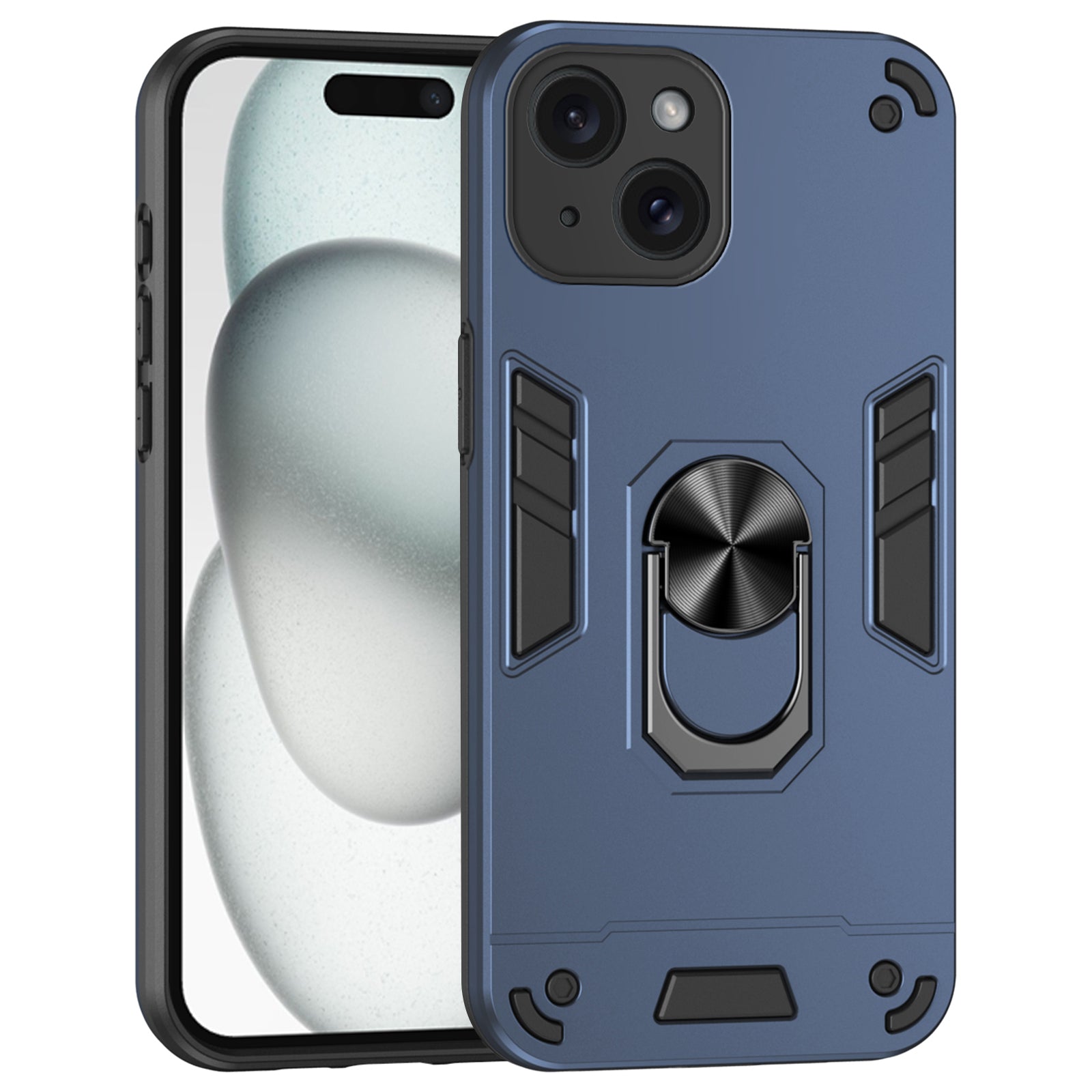 For iPhone 15 Cell Phone Case PC+TPU Kickstand Cover Fits Magnetic Car Mount - Black