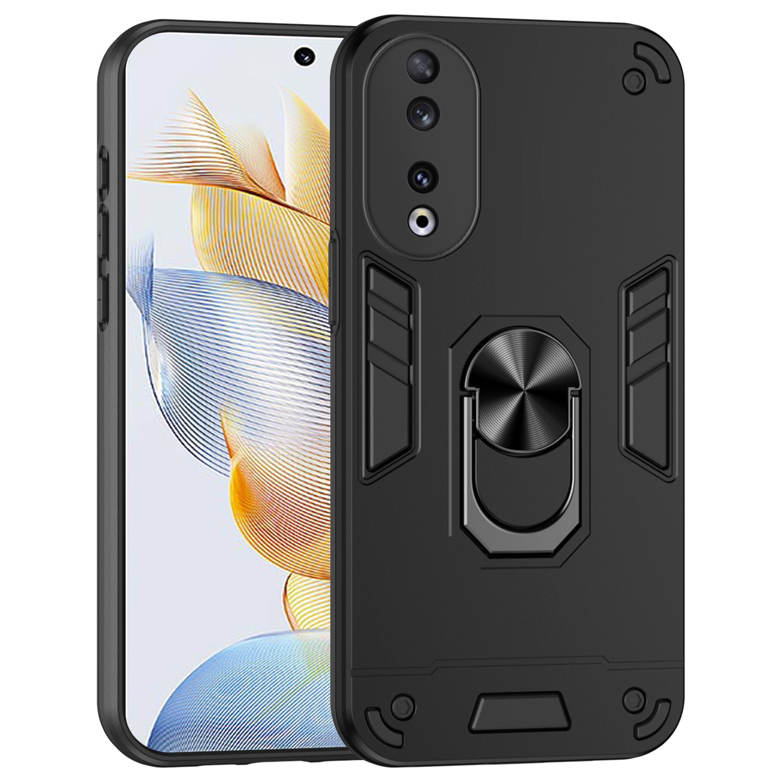 PC+TPU Case for Honor 90 Shell Rotating Ring Kickstand Drop-resistant Back Cover - Black