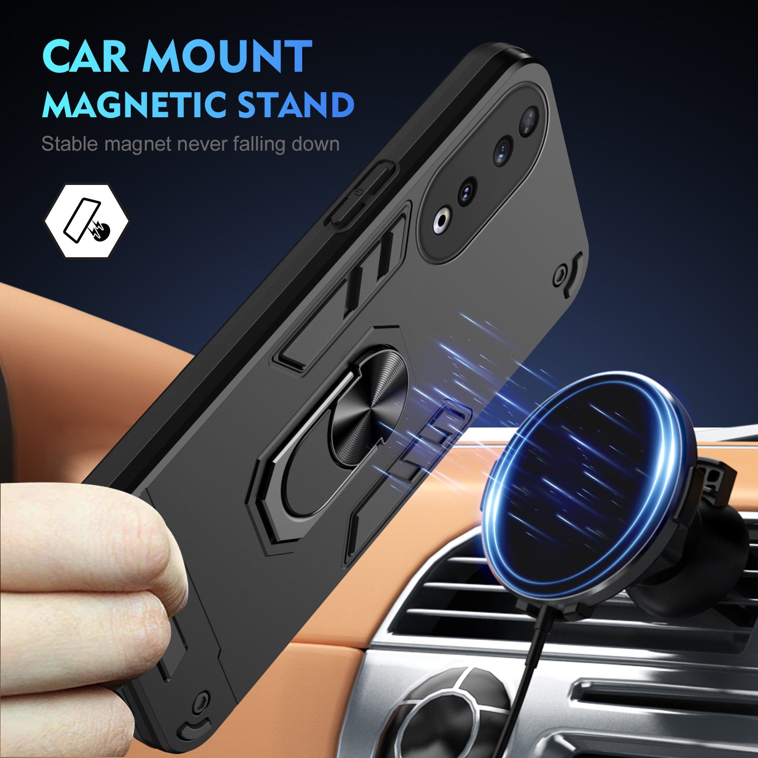 PC+TPU Case for Honor 90 Shell Rotating Ring Kickstand Drop-resistant Back Cover - Black