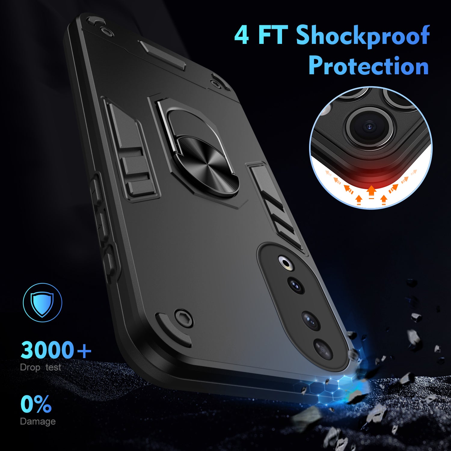 PC+TPU Case for Honor 90 Shell Rotating Ring Kickstand Drop-resistant Back Cover - Black