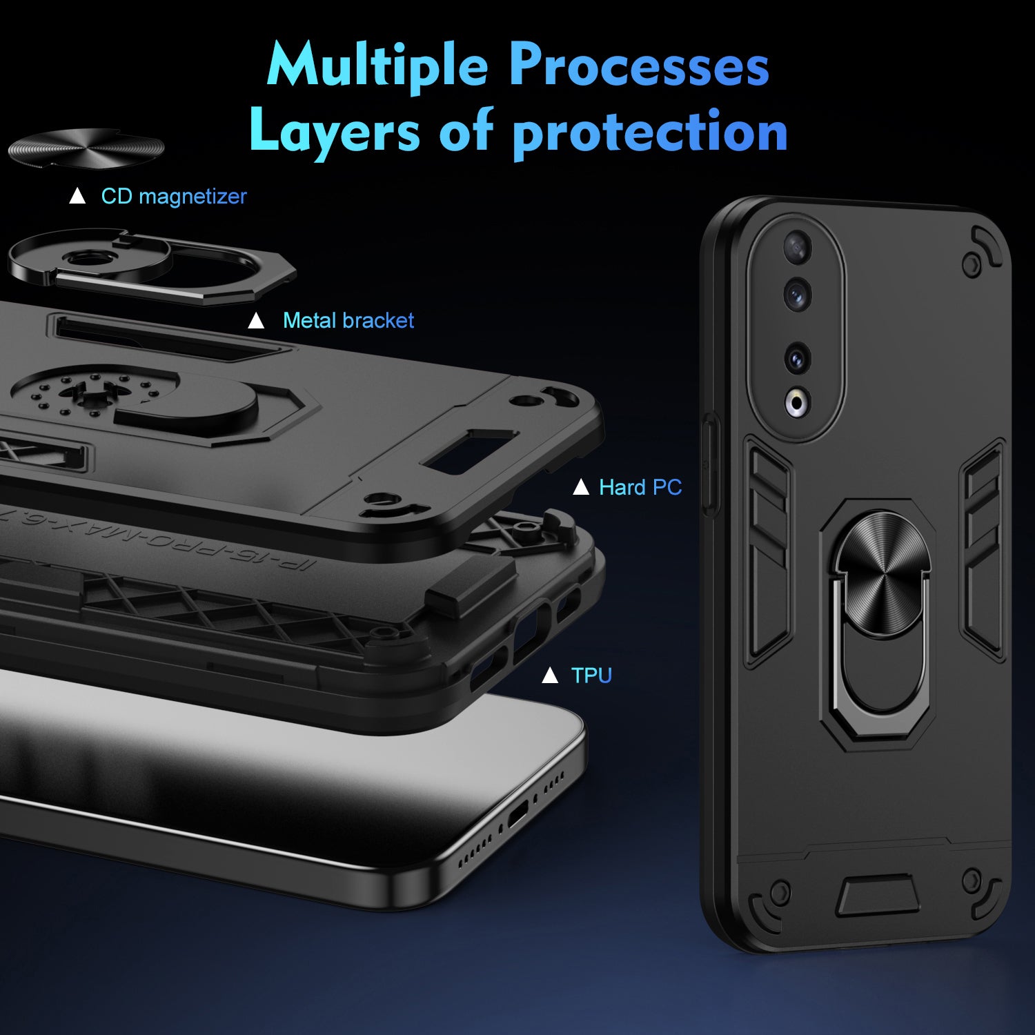 PC+TPU Case for Honor 90 Shell Rotating Ring Kickstand Drop-resistant Back Cover - Black