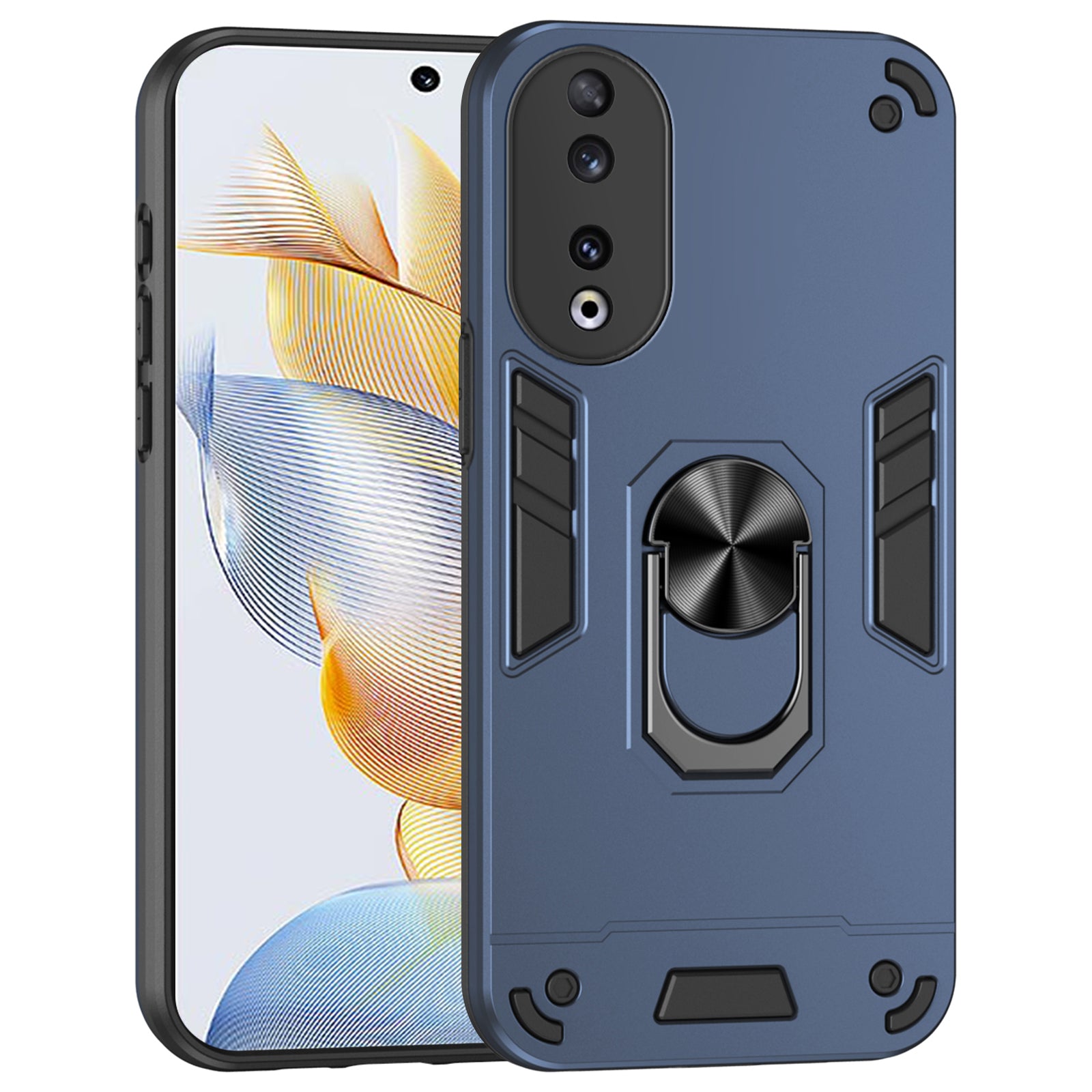 PC+TPU Case for Honor 90 Shell Rotating Ring Kickstand Drop-resistant Back Cover - Black